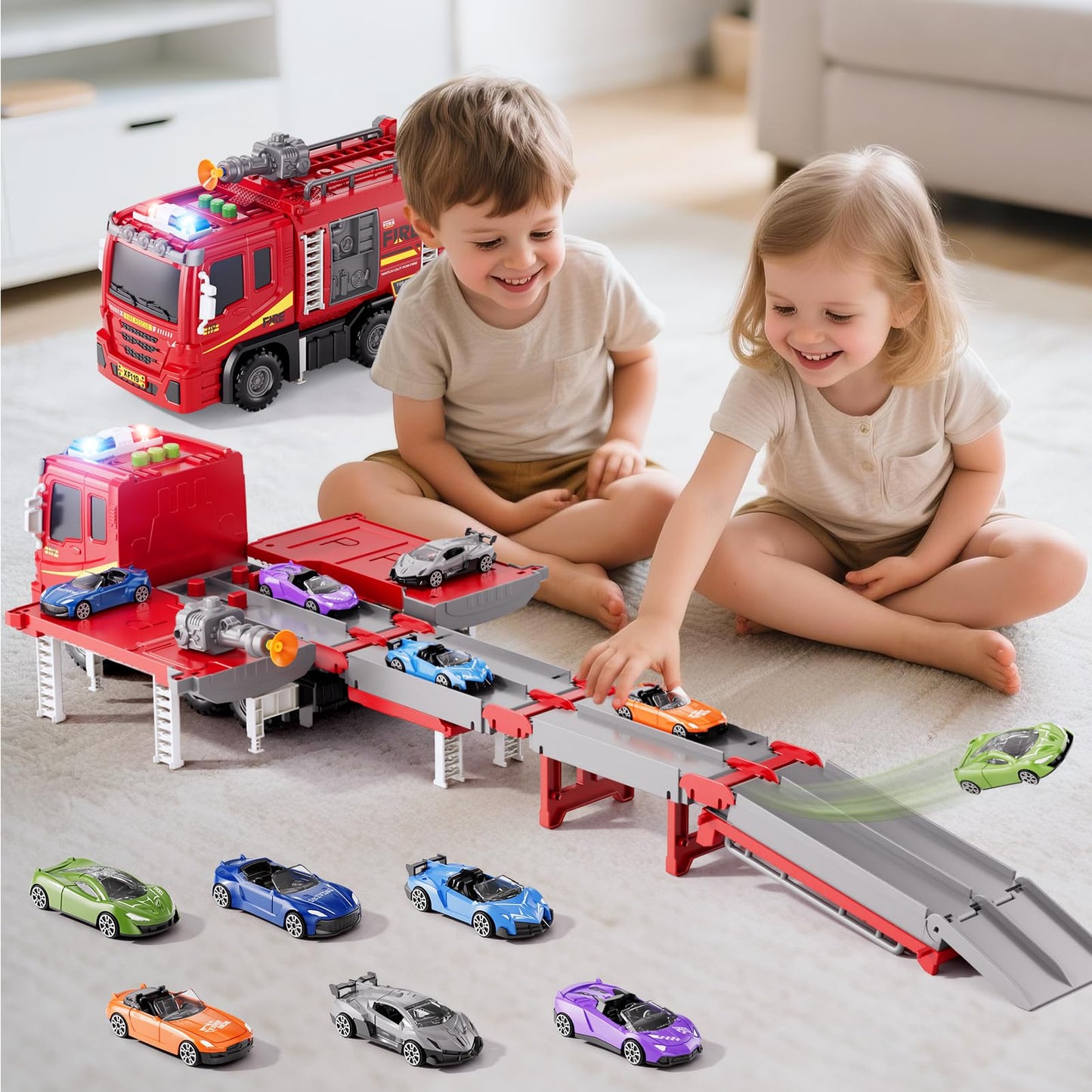 Xelabrion Fire Trucks Toy Set – 2-in-1 Fire Truck & Race Track for Kids Aged 3-6 | Lights, Sounds & Shooting Arrows