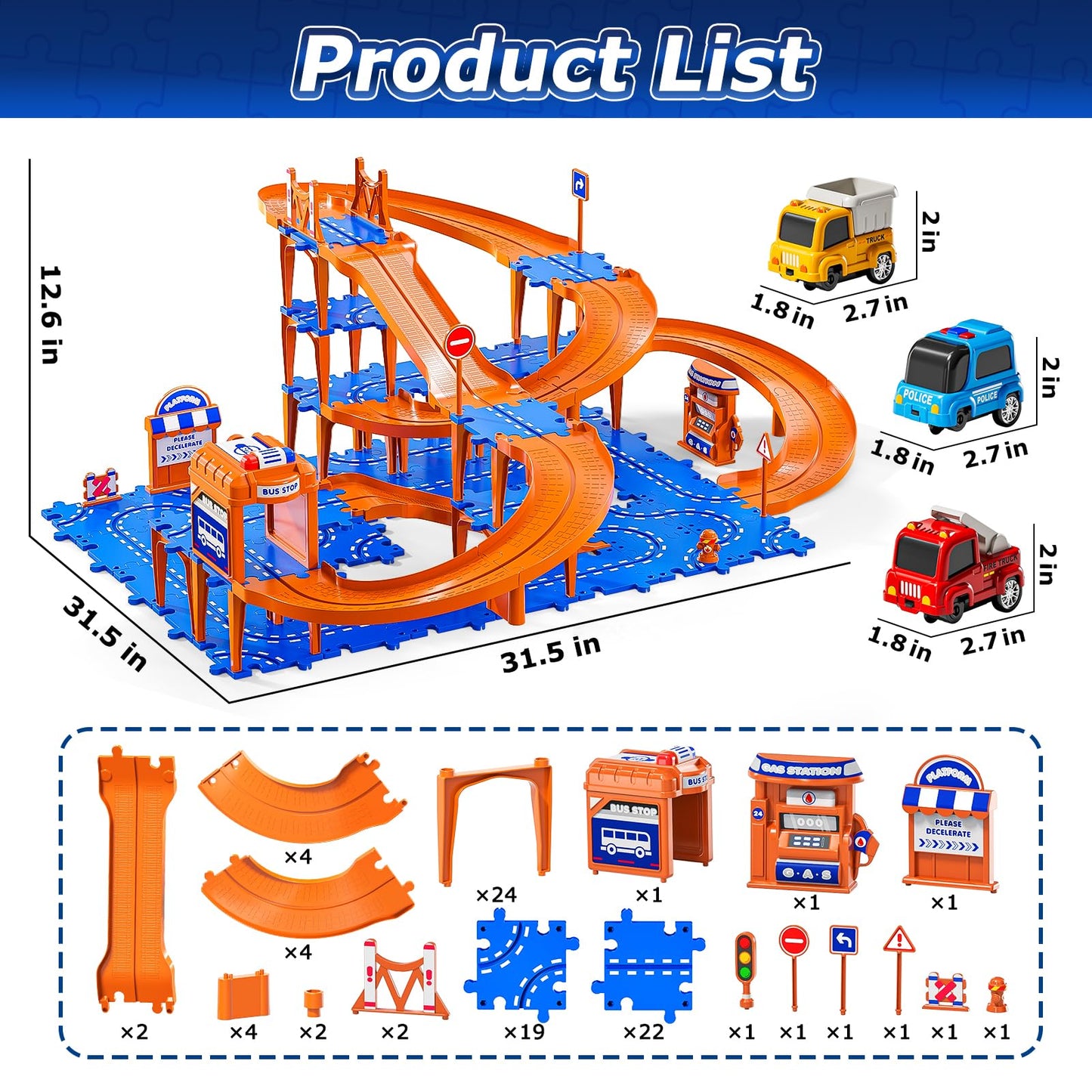 Xelabrion Toddler Puzzle Track Car Set - 96 Pcs 3-Tier Race Track for Ages 3-6