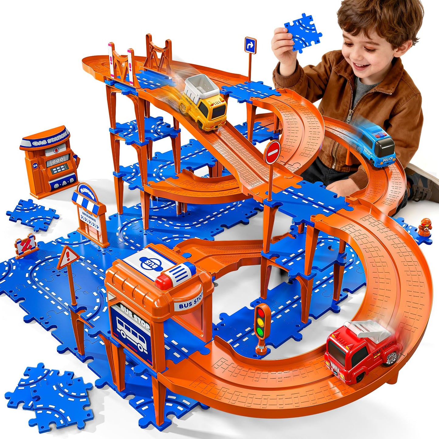 Xelabrion Toddler Puzzle Track Car Set - 96 Pcs 3-Tier Race Track for Ages 3-6