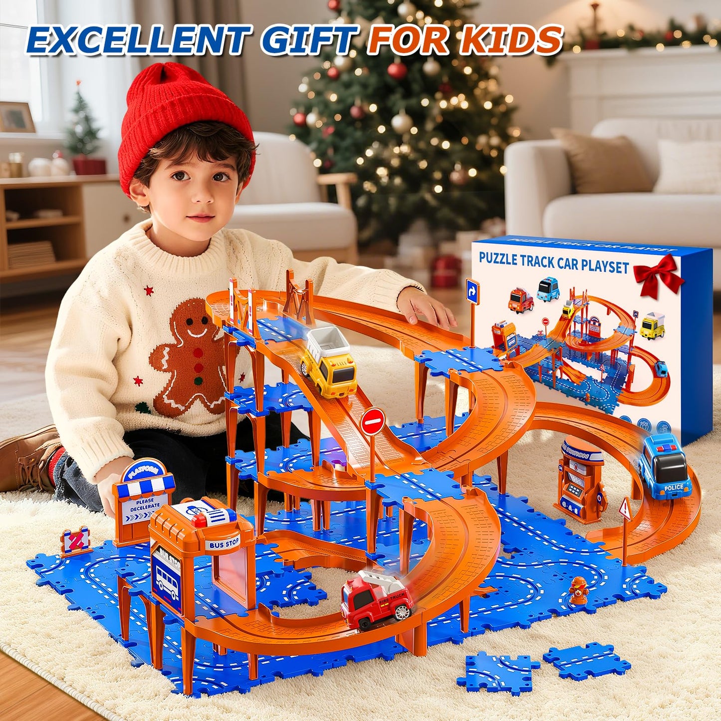 Xelabrion Toddler Puzzle Track Car Set - 96 Pcs 3-Tier Race Track for Ages 3-6