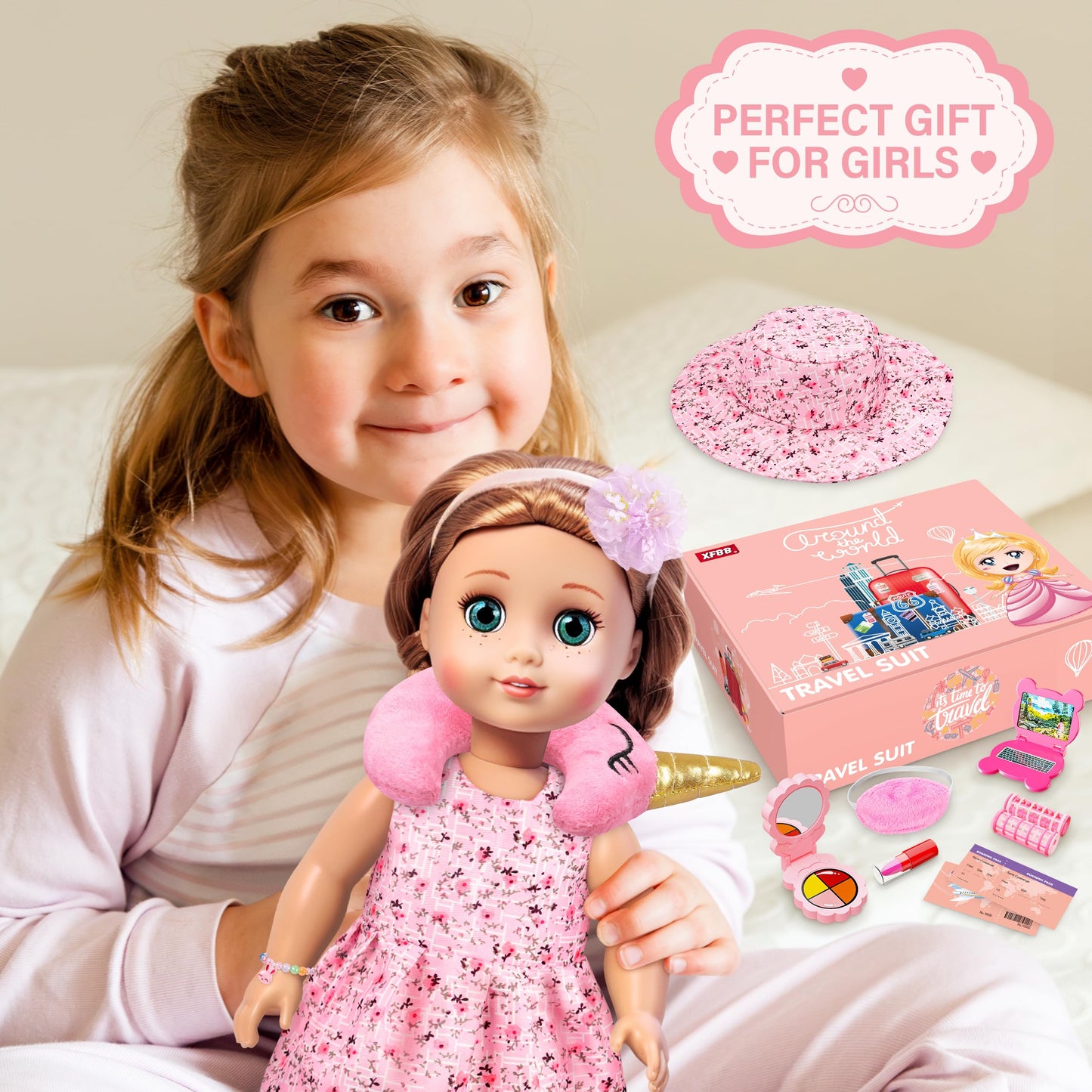 XFBB Doll Suitcase Travel Sets – 28 Pcs for 18-Inch Dolls with Unicorn Bag & Accessories