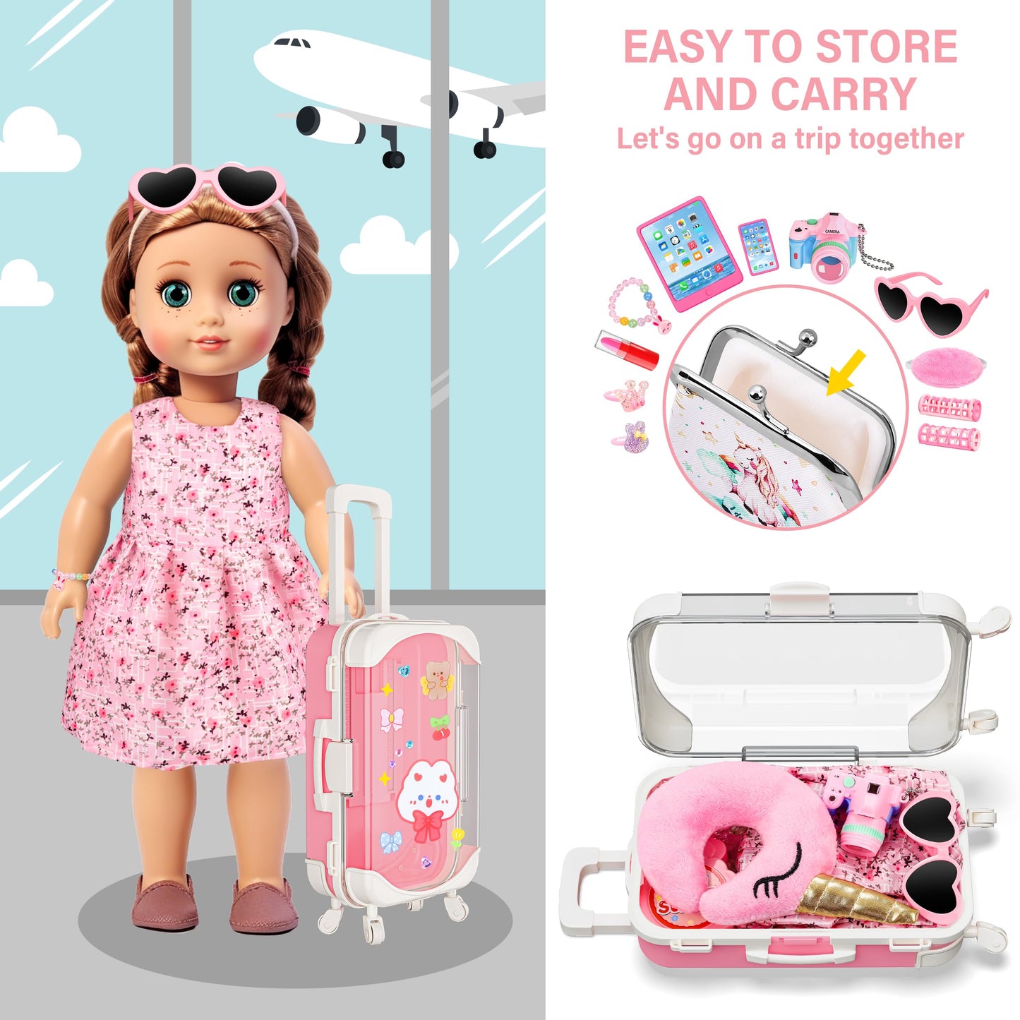 XFBB Doll Suitcase Travel Sets – 28 Pcs for 18-Inch Dolls with Unicorn Bag & Accessories