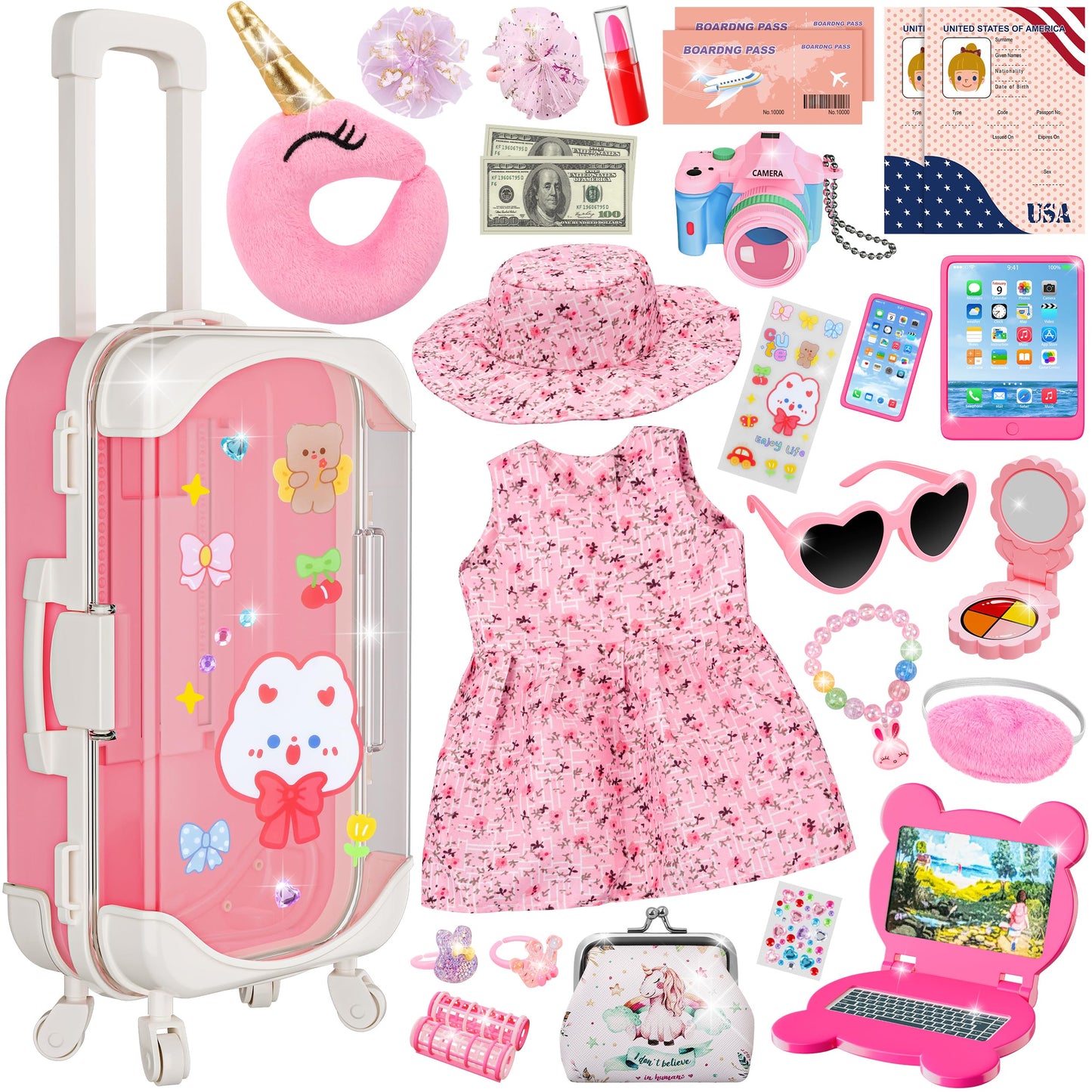 XFBB Doll Suitcase Travel Sets – 28 Pcs for 18-Inch Dolls with Unicorn Bag & Accessories