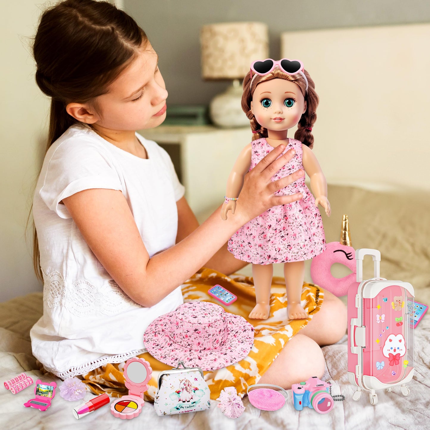 XFBB Doll Suitcase Travel Sets – 28 Pcs for 18-Inch Dolls with Unicorn Bag & Accessories