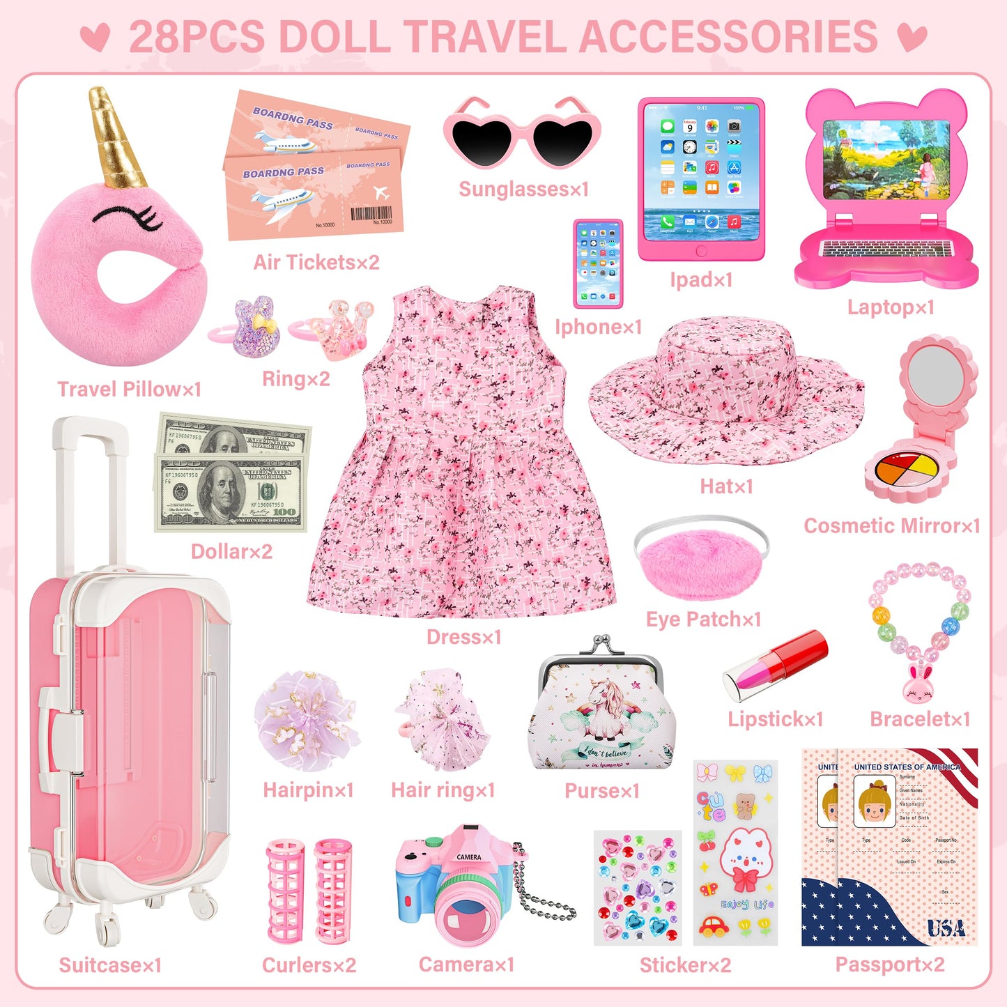 XFBB Doll Suitcase Travel Sets – 28 Pcs for 18-Inch Dolls with Unicorn Bag & Accessories