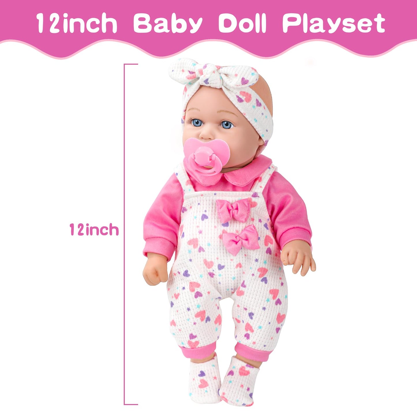 XFEYUE 12-Inch Baby Doll with Pink Bowknot Clothing Set | Realistic Doll & Accessories for 3+ Kids