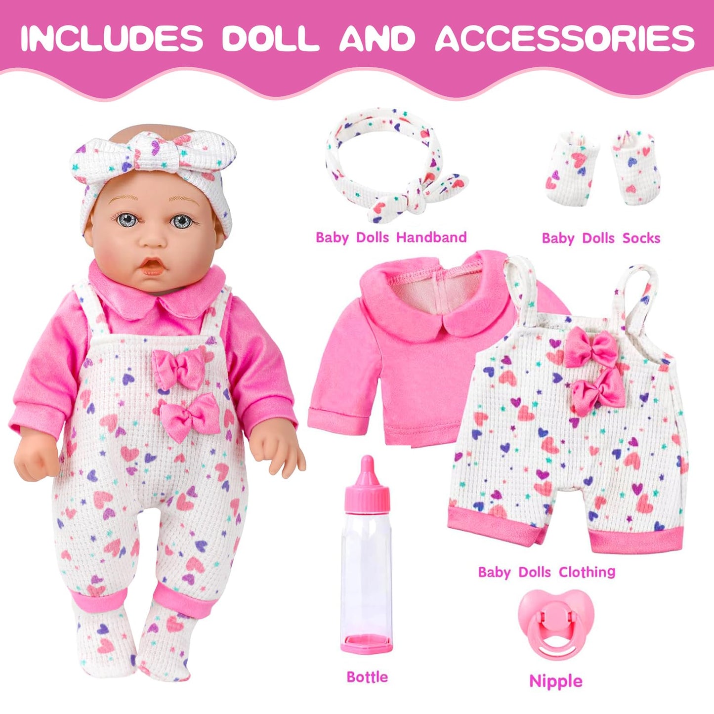 XFEYUE 12-Inch Baby Doll with Pink Bowknot Clothing Set | Realistic Doll & Accessories for 3+ Kids