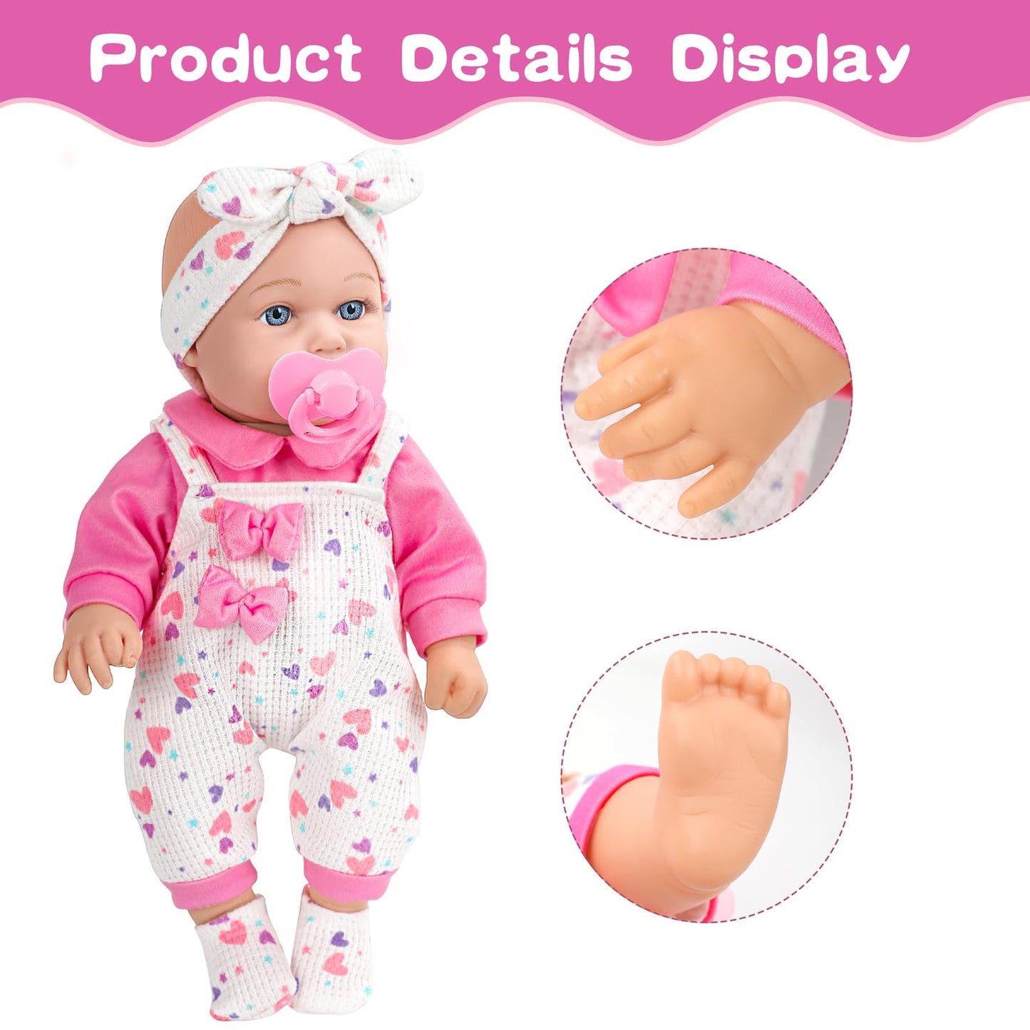 XFEYUE 12-Inch Baby Doll with Pink Bowknot Clothing Set | Realistic Doll & Accessories for 3+ Kids