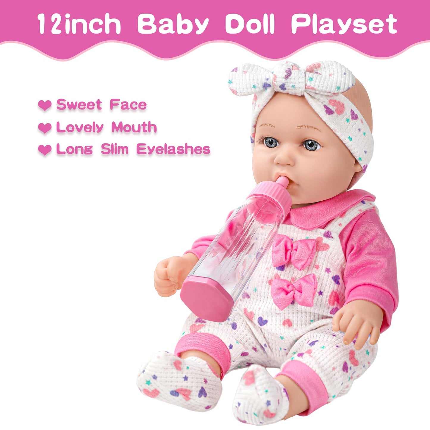 XFEYUE 12-Inch Baby Doll with Pink Bowknot Clothing Set | Realistic Doll & Accessories for 3+ Kids