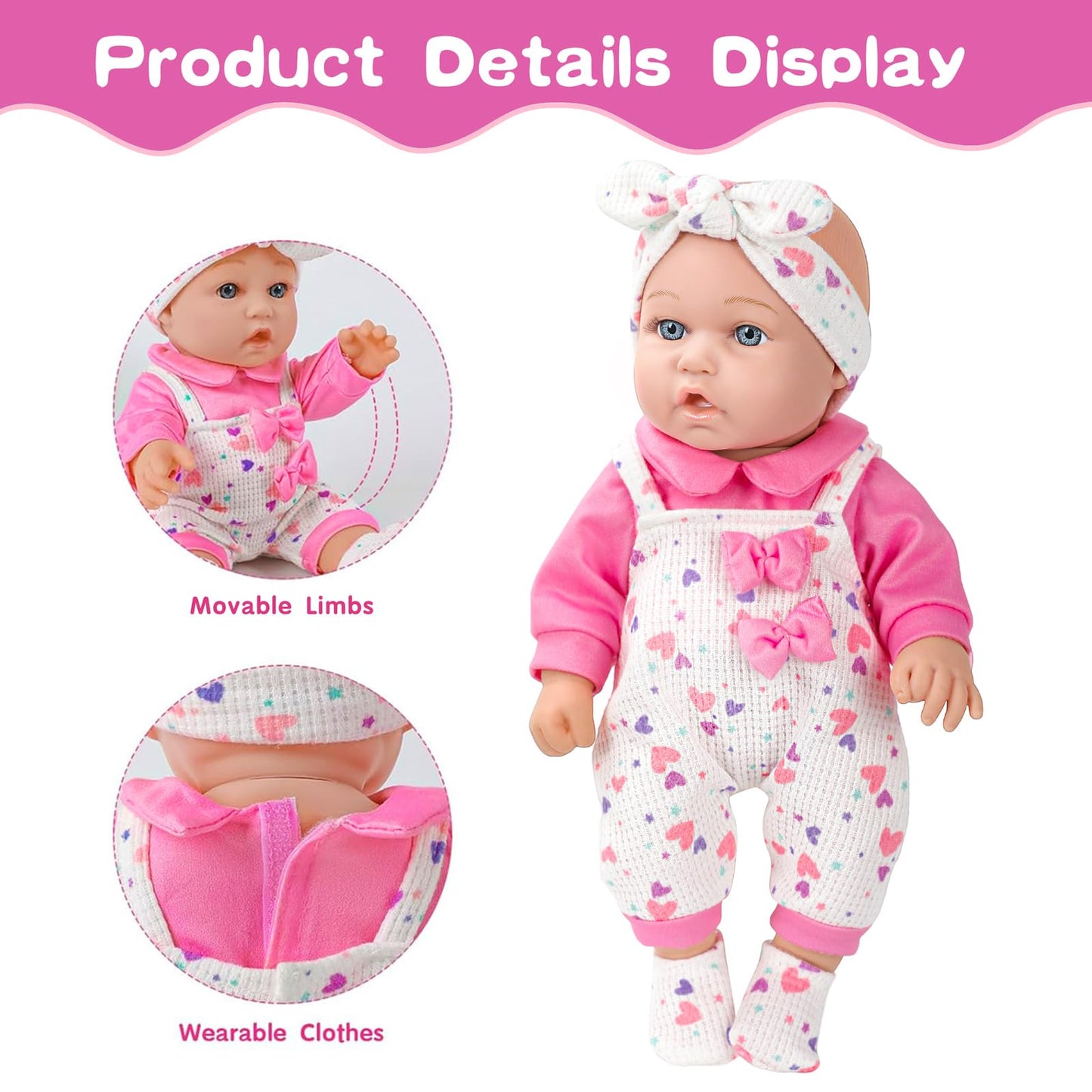 XFEYUE 12-Inch Baby Doll with Pink Bowknot Clothing Set | Realistic Doll & Accessories for 3+ Kids