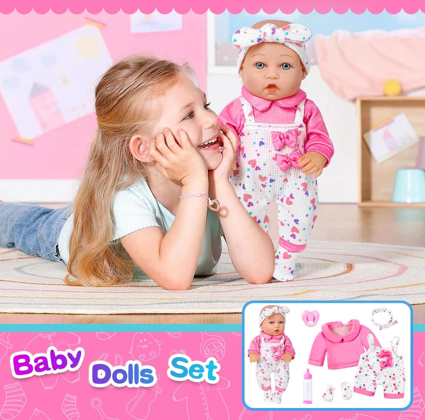 XFEYUE 12-Inch Baby Doll with Pink Bowknot Clothing Set | Realistic Doll & Accessories for 3+ Kids