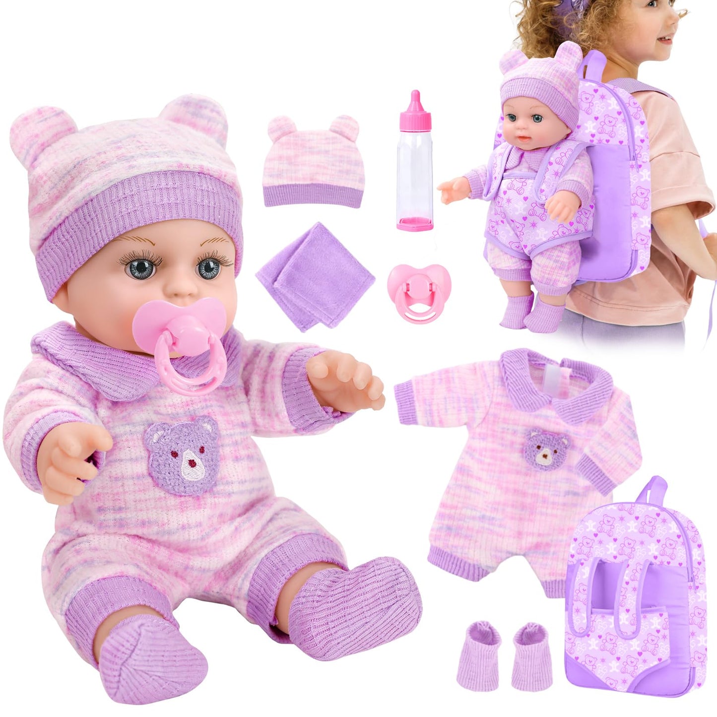 XFEYUE 12'' Baby Doll with Bear Backpack – Gift Box Set for 3+ Years Girls