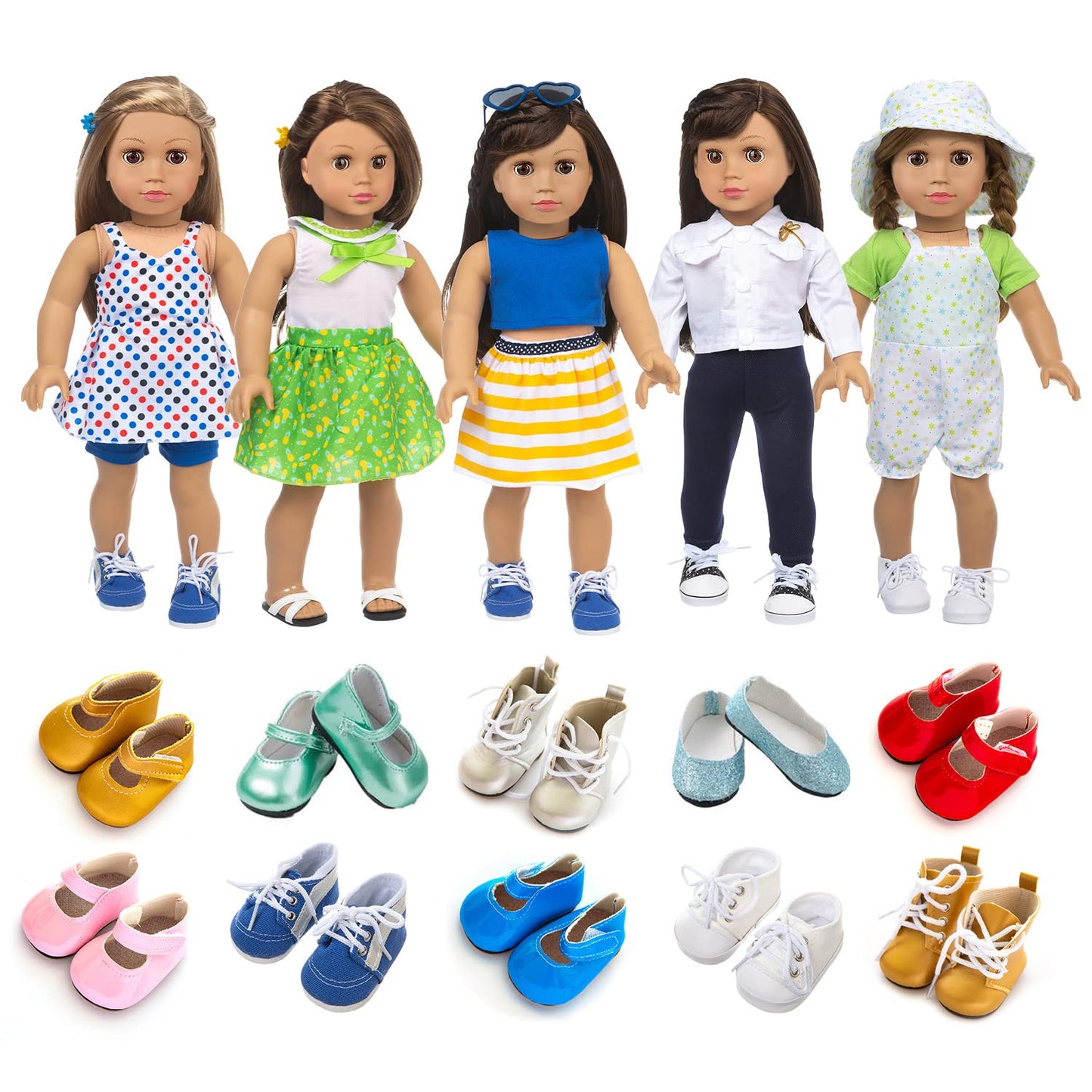 XFEYUE 18-Inch Doll Clothes Set — 5 Coordinated Looks + 2 Random Shoes