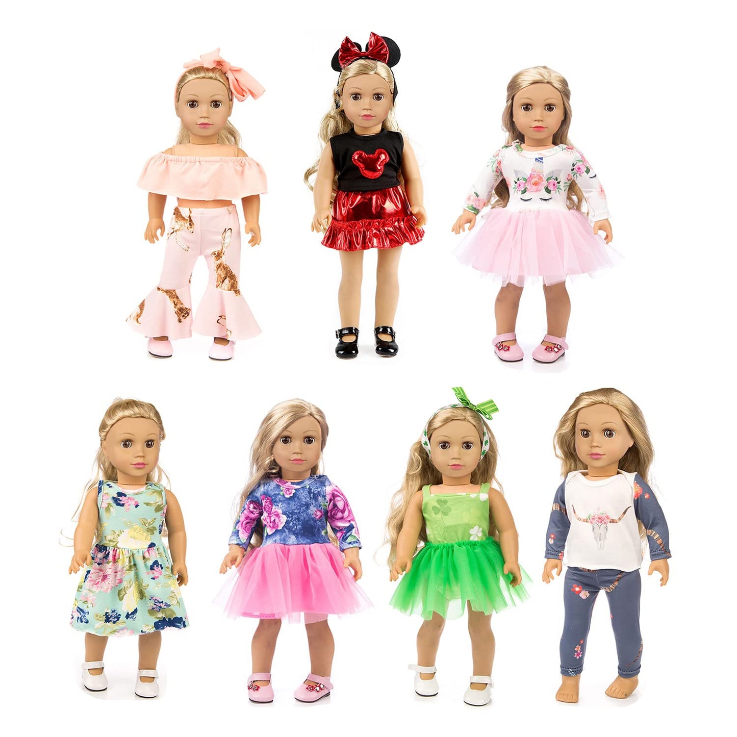 XFEYUE 7 Sets 18-Inch Doll Clothes Pack for American 18-Inch Dolls — Skirts, Shirts, Pants, Hair Bands