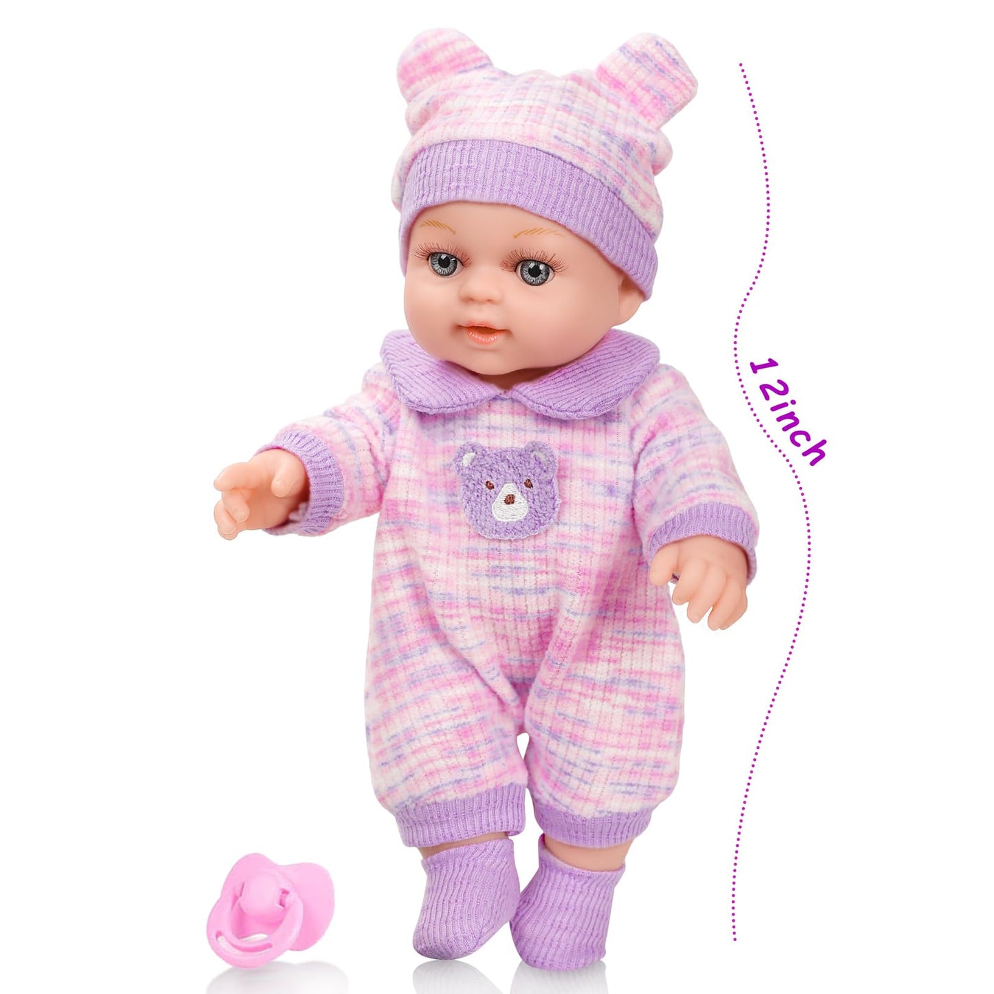 XFEYUE 12'' Baby Doll with Bear Backpack – Gift Box Set for 3+ Years Girls