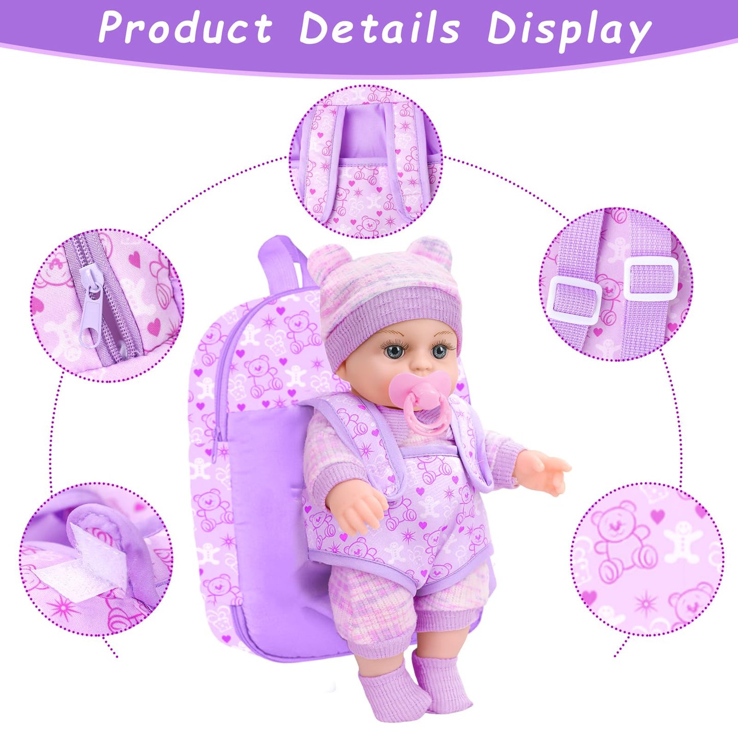 XFEYUE 12'' Baby Doll with Bear Backpack – Gift Box Set for 3+ Years Girls