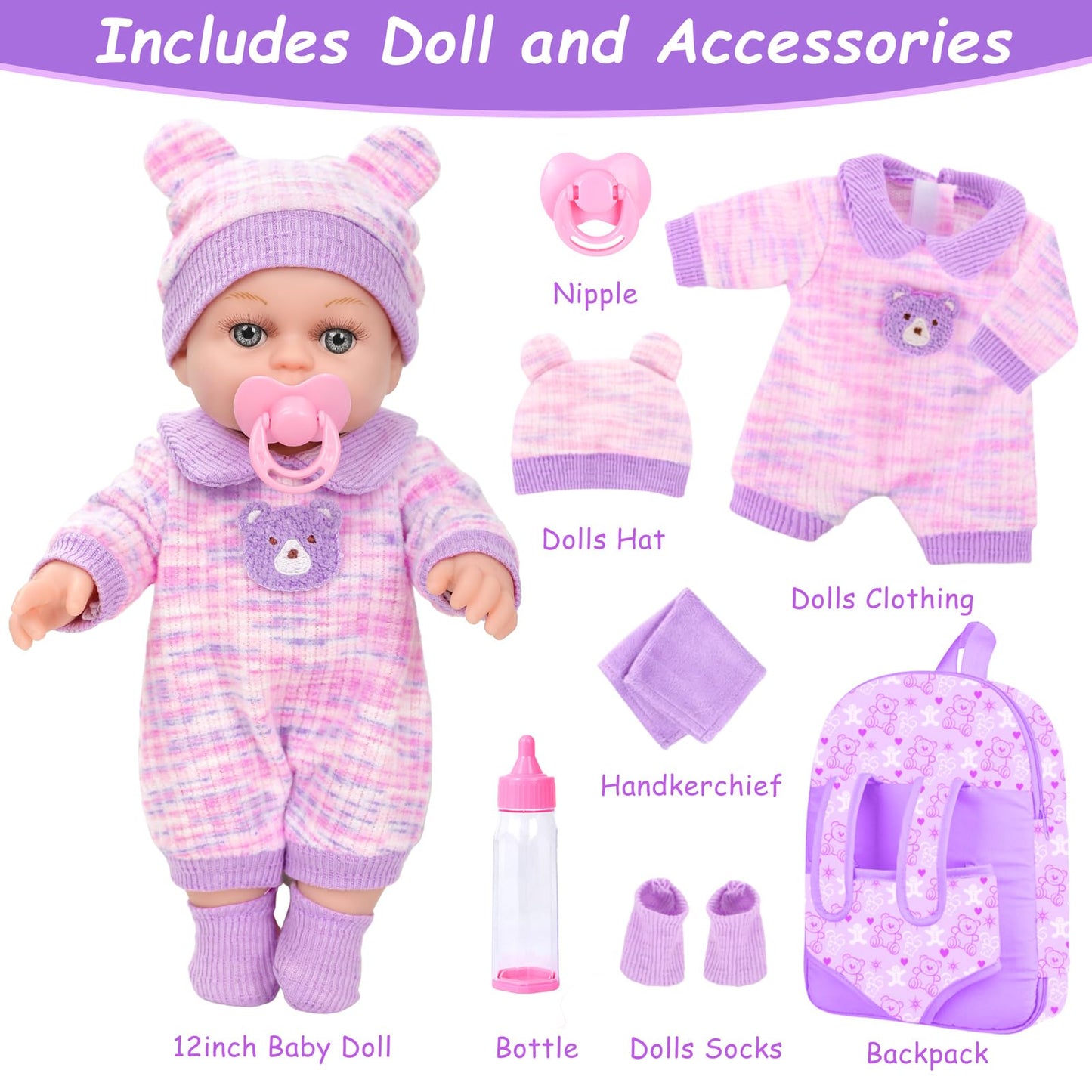 XFEYUE 12'' Baby Doll with Bear Backpack – Gift Box Set for 3+ Years Girls
