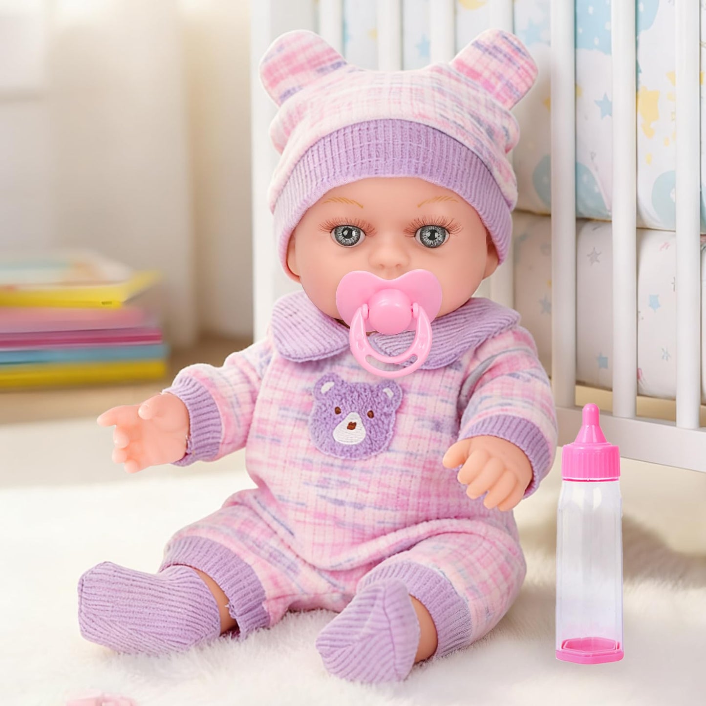 XFEYUE 12'' Baby Doll with Bear Backpack – Gift Box Set for 3+ Years Girls