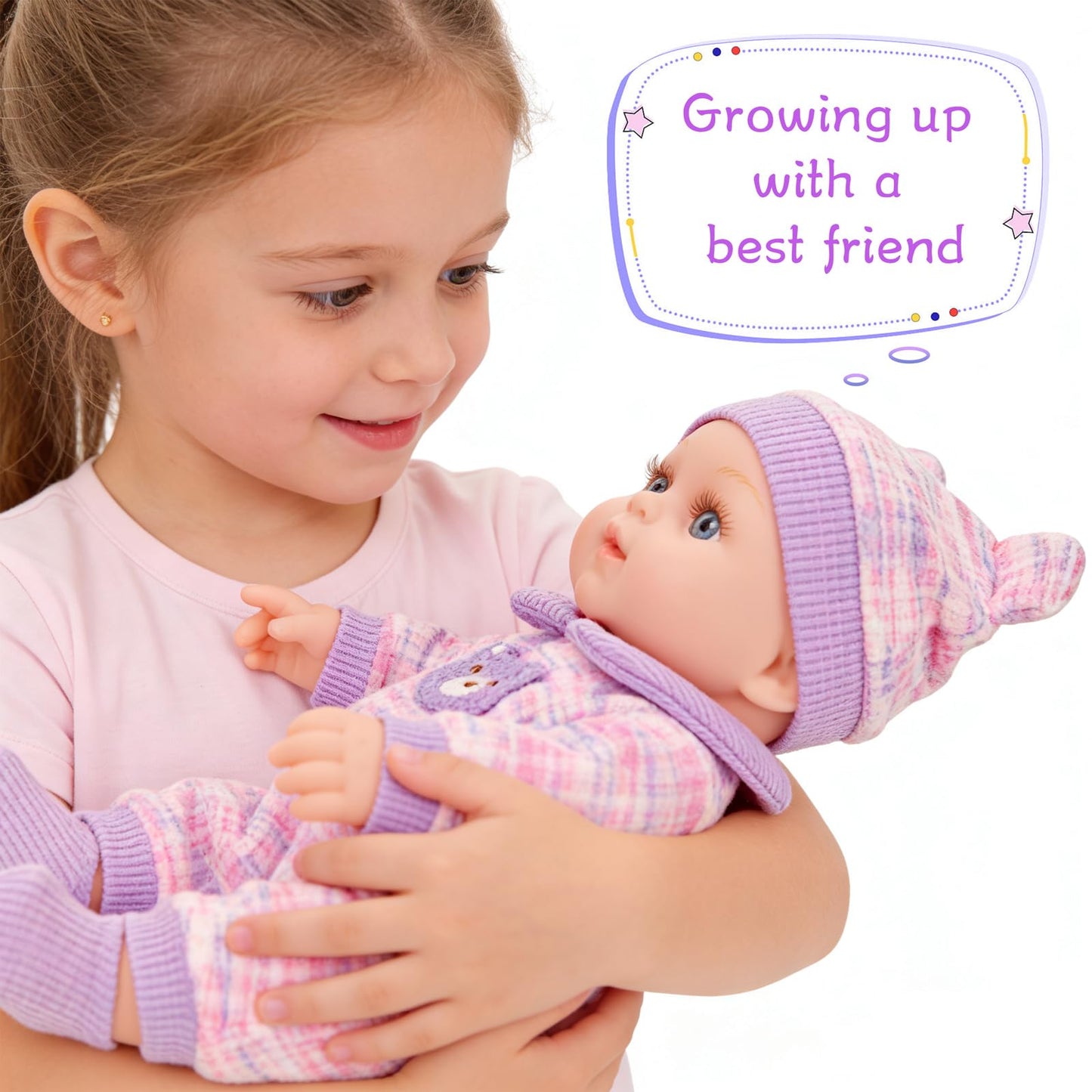 XFEYUE 12'' Baby Doll with Bear Backpack – Gift Box Set for 3+ Years Girls