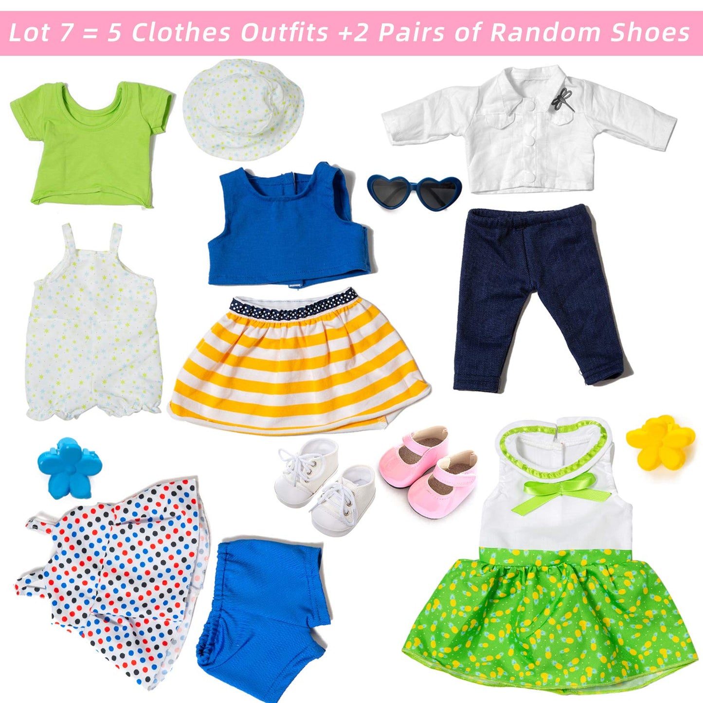 XFEYUE 18-Inch Doll Clothes Set — 5 Coordinated Looks + 2 Random Shoes