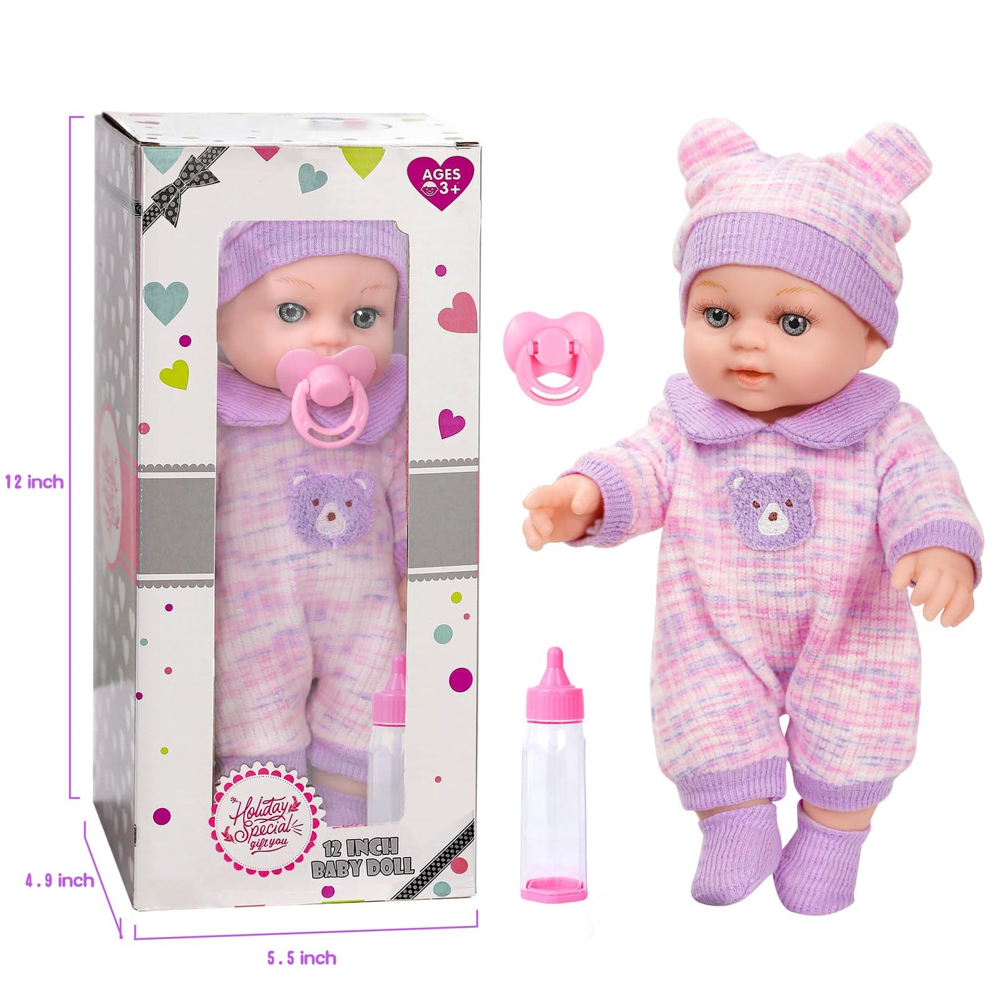XFEYUE 12'' Baby Doll with Bear Backpack – Gift Box Set for 3+ Years Girls