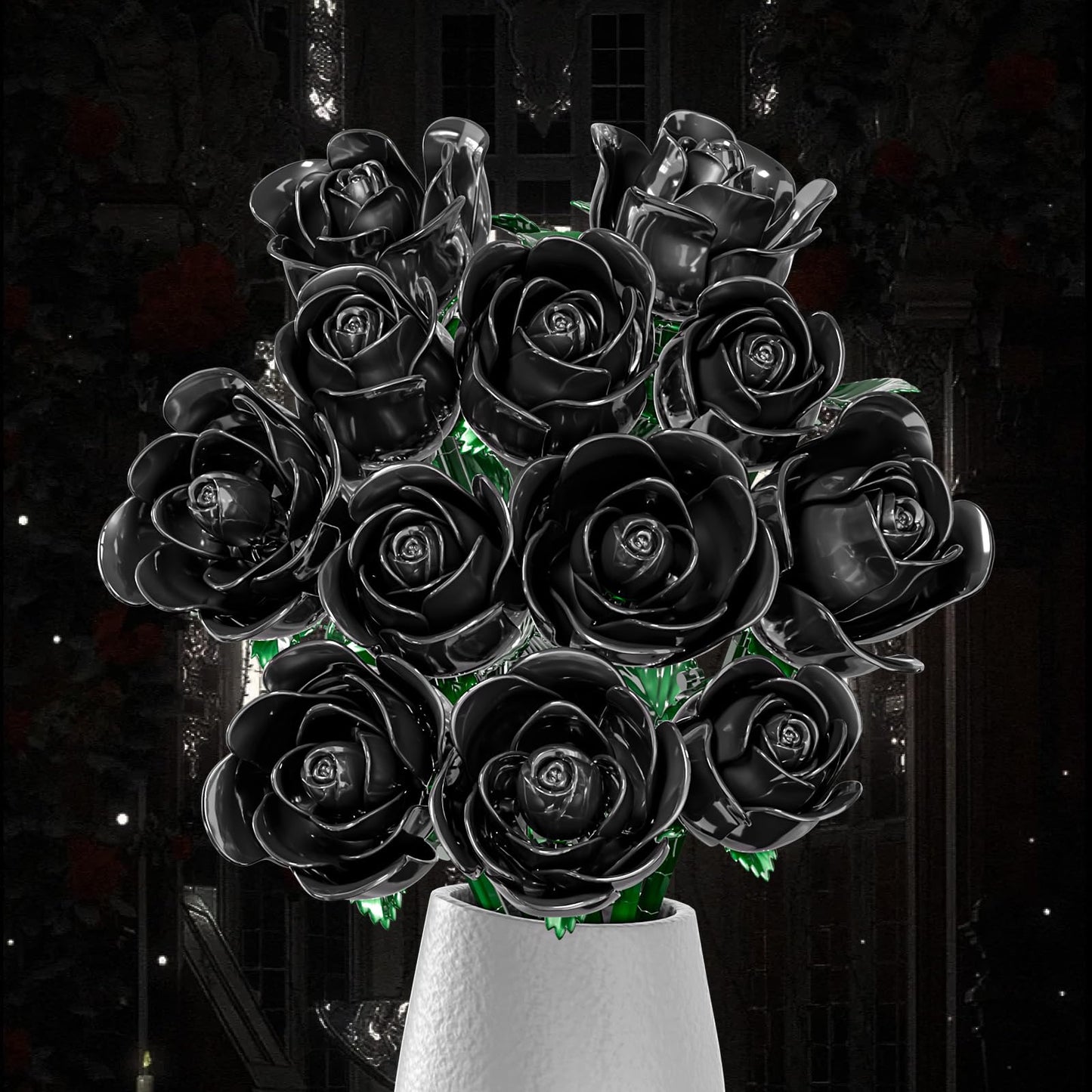 XGSHJ Black Rose Bouquet Building Set – 12-Pack for Adults, Gothic Centerpiece & Gift