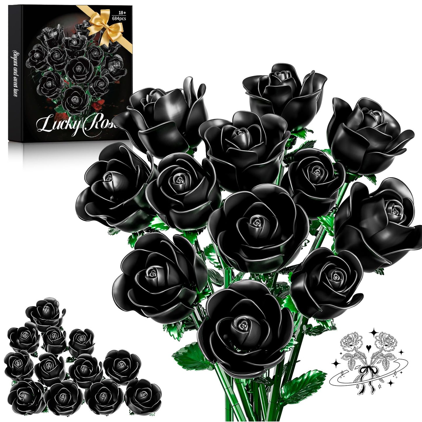 XGSHJ Black Rose Bouquet Building Set – 12-Pack for Adults, Gothic Centerpiece & Gift