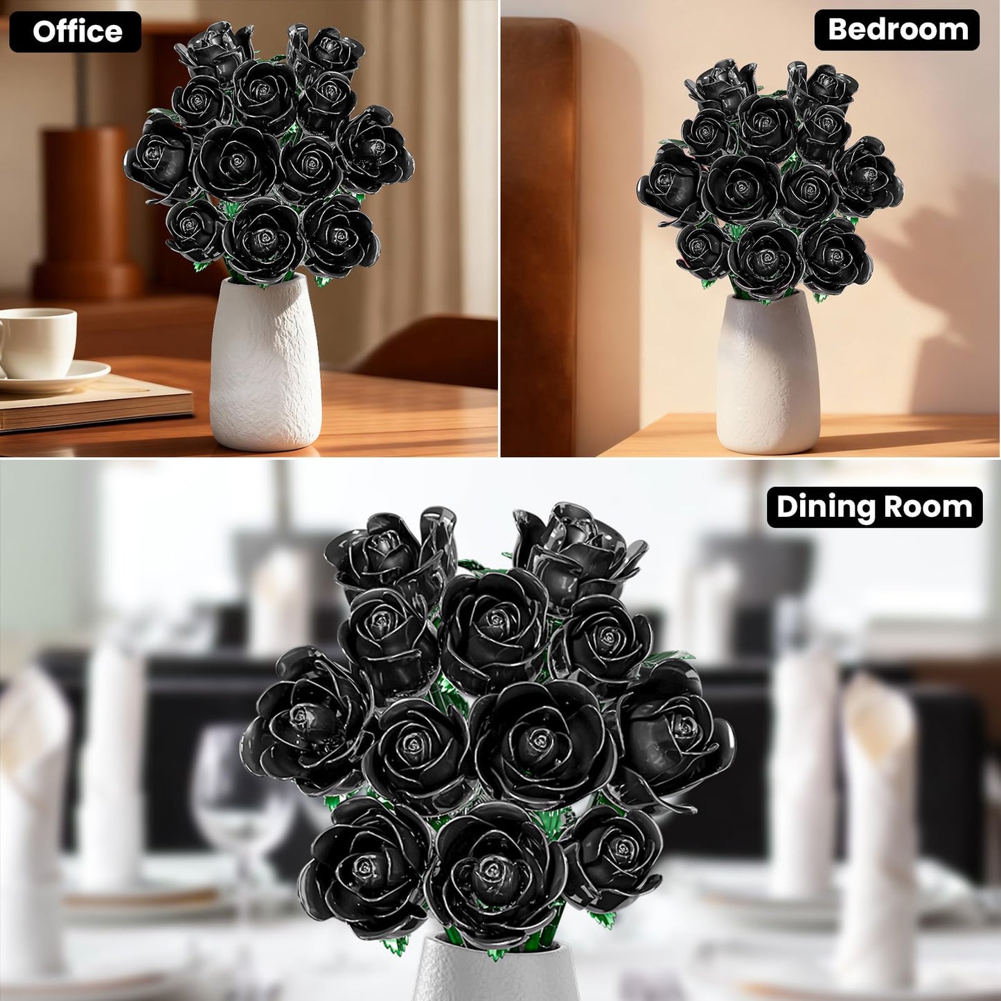 XGSHJ Black Rose Bouquet Building Set – 12-Pack for Adults, Gothic Centerpiece & Gift