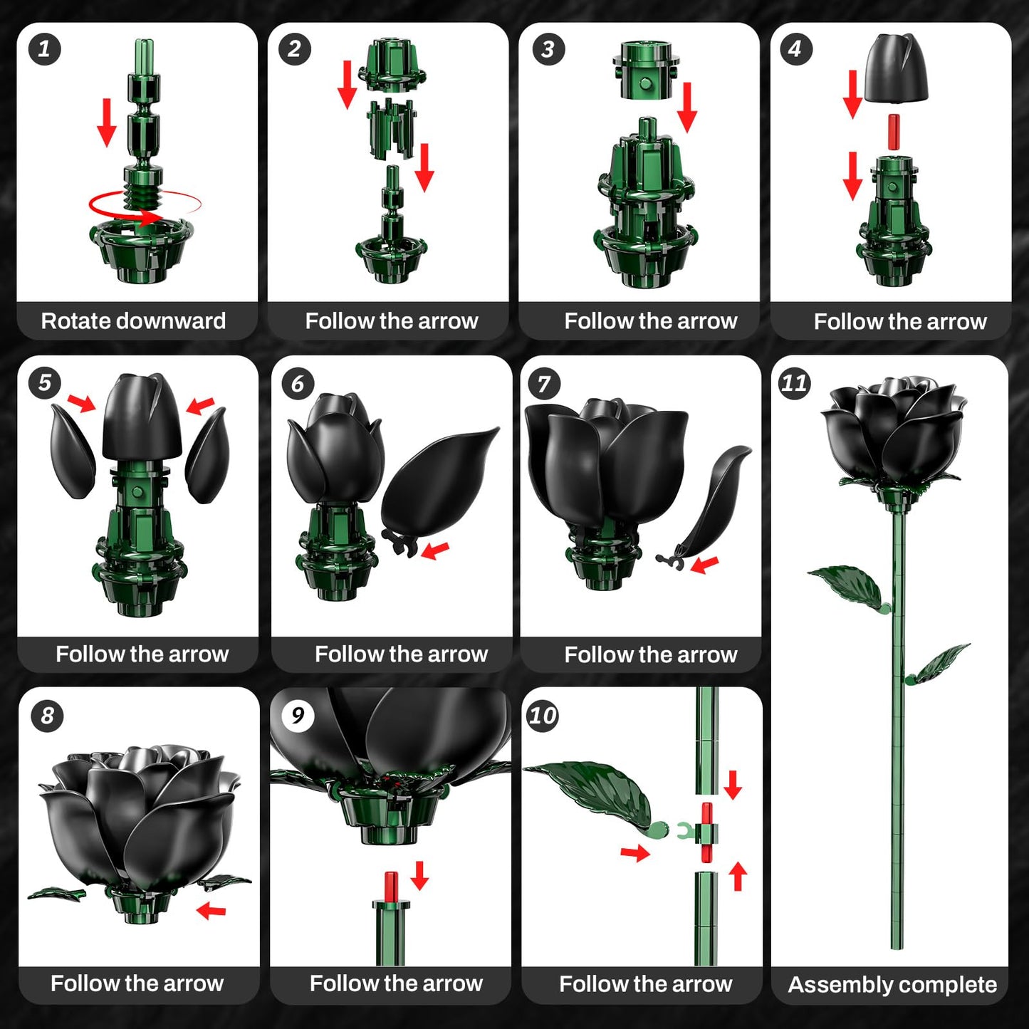 XGSHJ Black Rose Bouquet Building Set – 12-Pack for Adults, Gothic Centerpiece & Gift