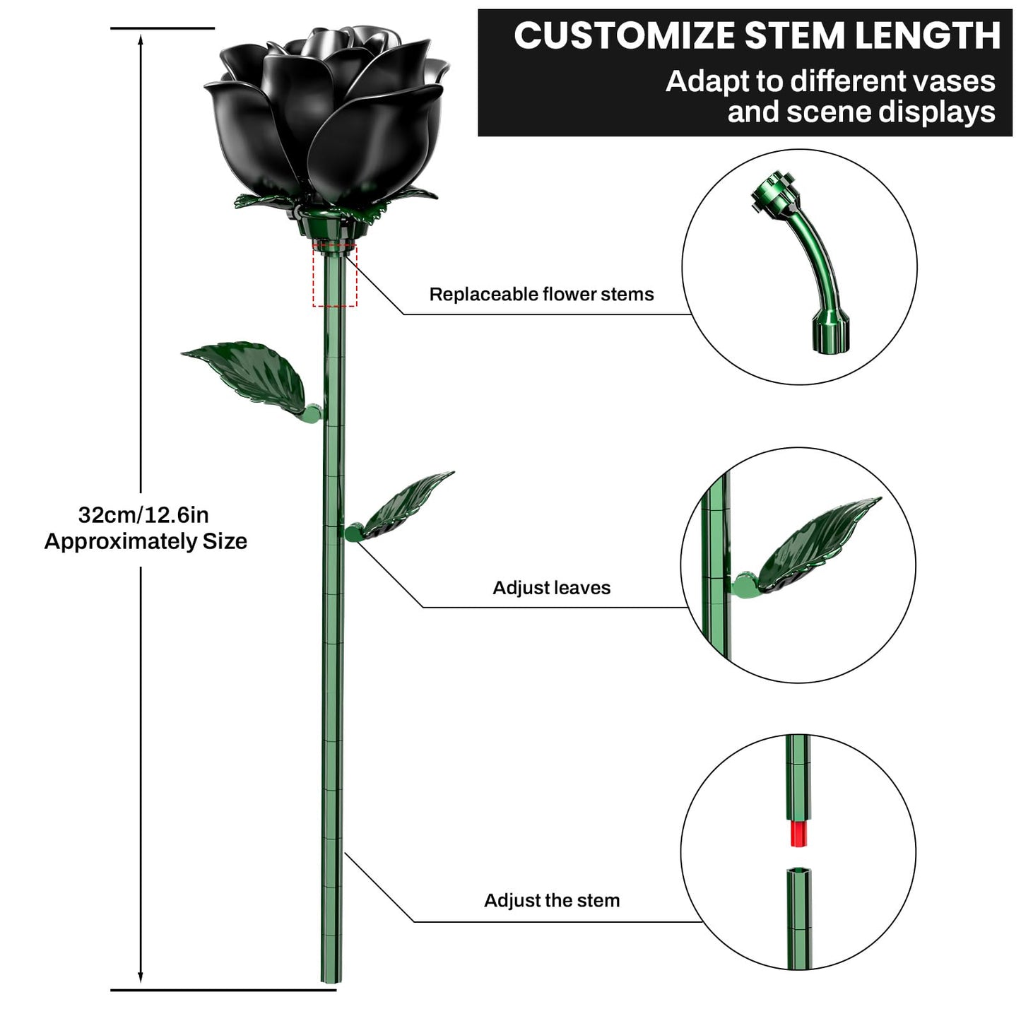 XGSHJ Black Rose Bouquet Building Set – 12-Pack for Adults, Gothic Centerpiece & Gift