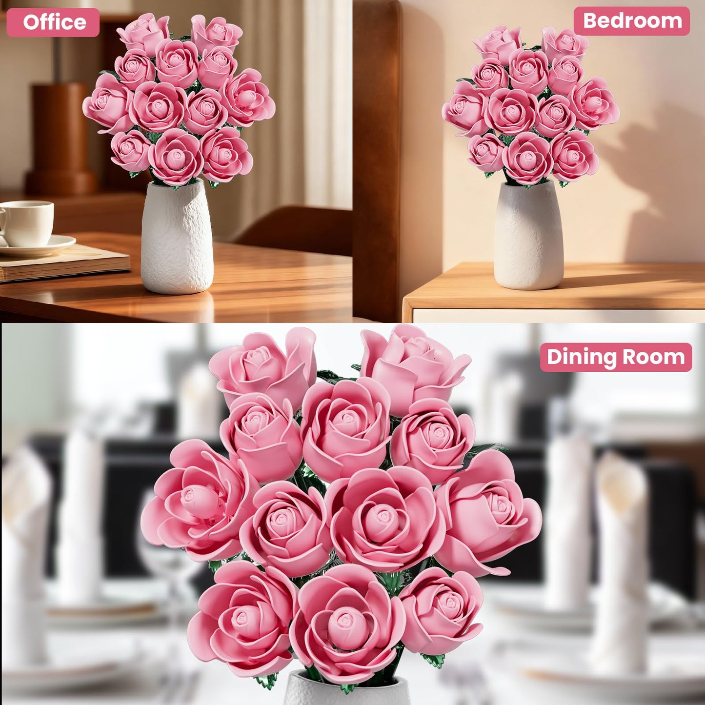 XGSHJ Pink Rose Bouquet Building Set – 12 Pack Valentine Gift for Adults & Women