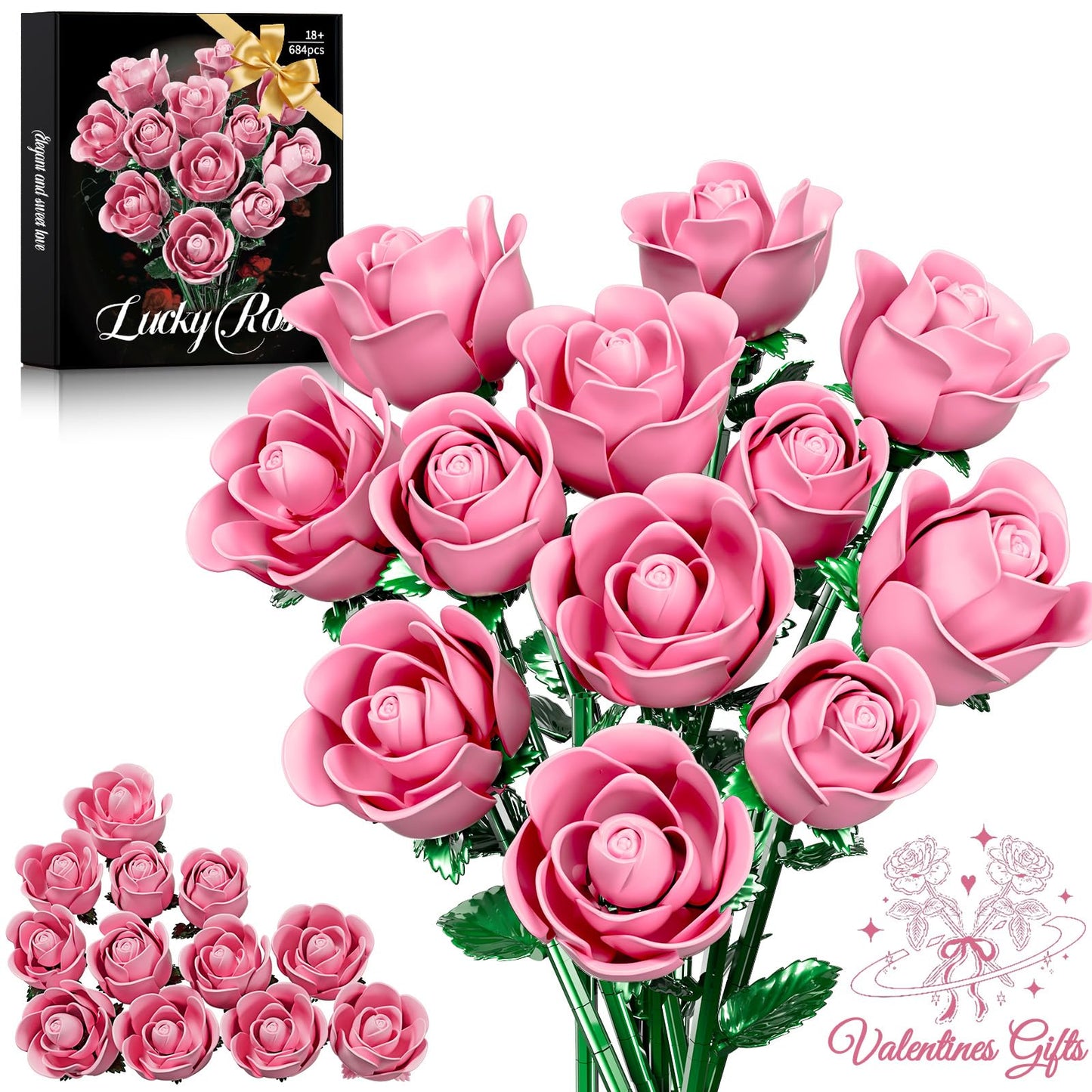 XGSHJ Pink Rose Bouquet Building Set – 12 Pack Valentine Gift for Adults & Women