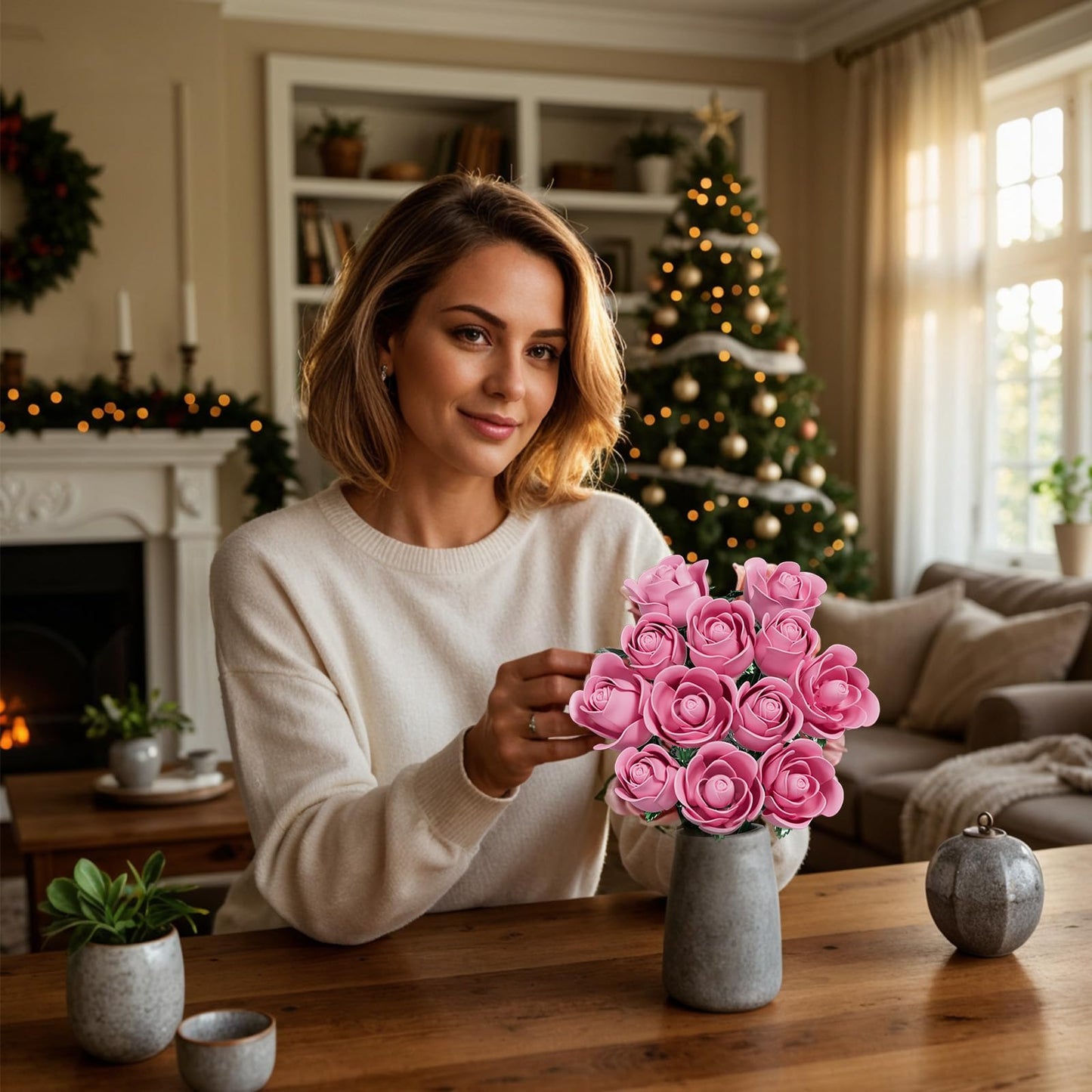 XGSHJ Pink Rose Bouquet Building Set – 12 Pack Valentine Gift for Adults & Women