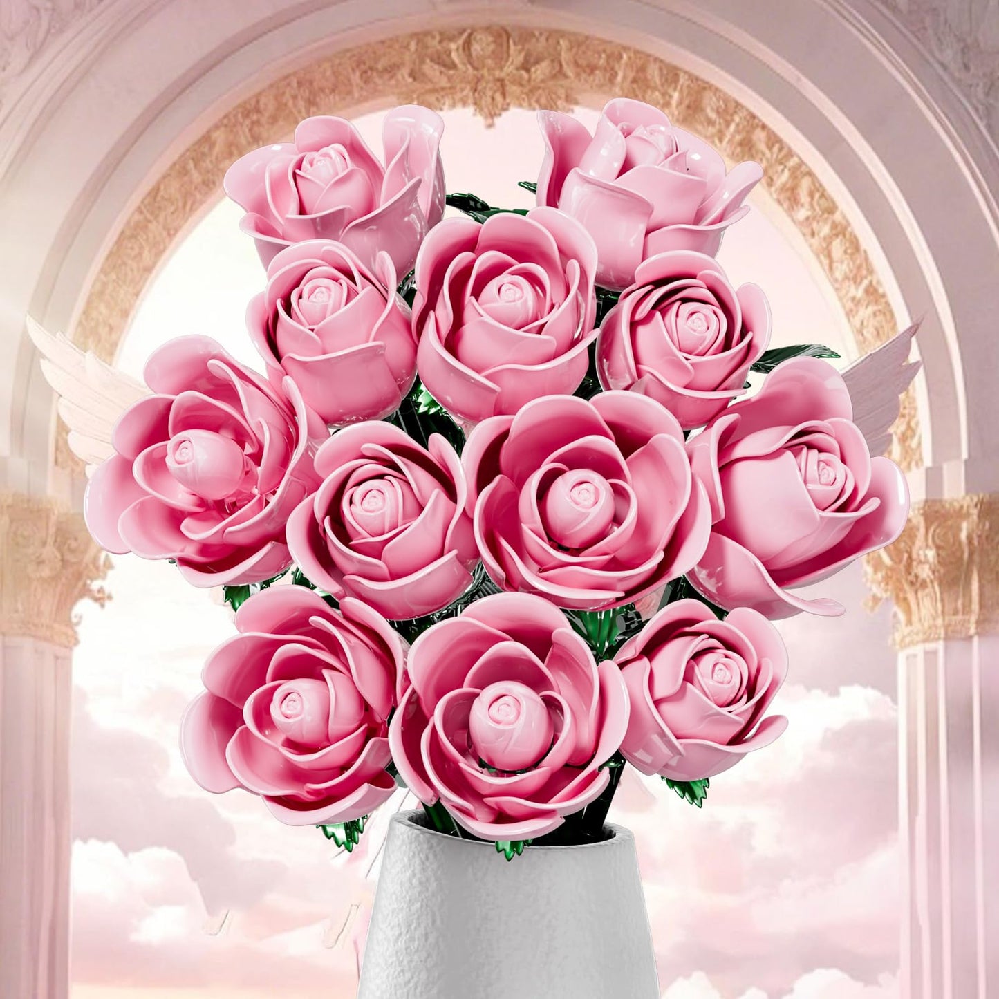XGSHJ Pink Rose Bouquet Building Set – 12 Pack Valentine Gift for Adults & Women