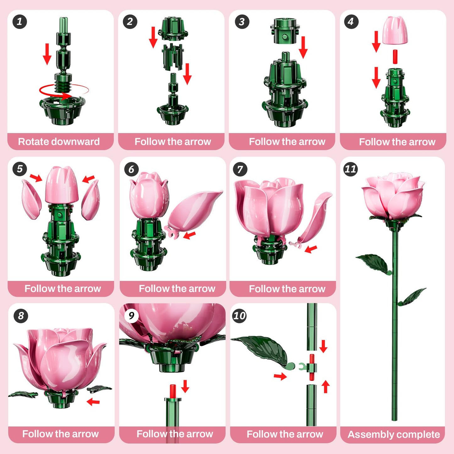 XGSHJ Pink Rose Bouquet Building Set – 12 Pack Valentine Gift for Adults & Women