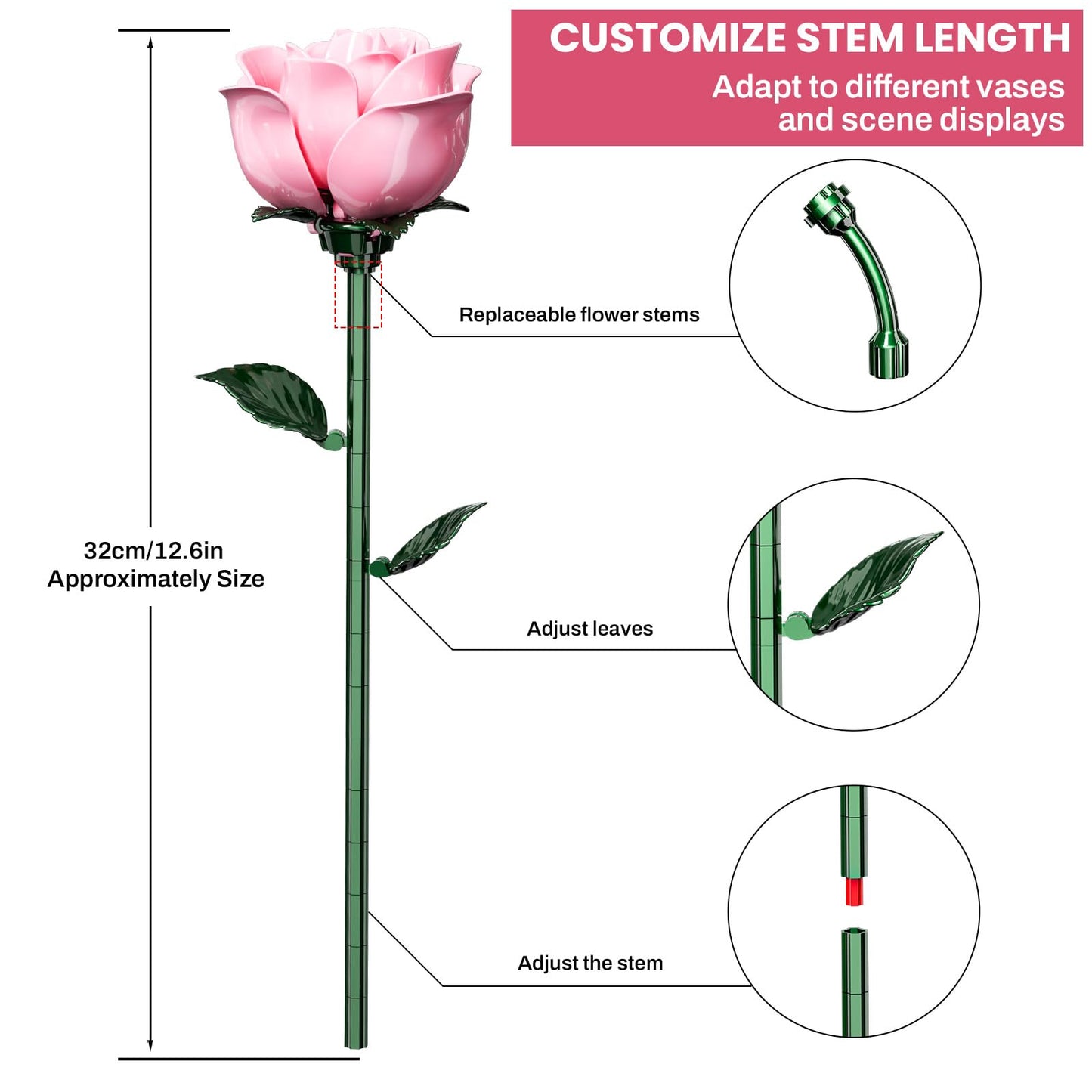 XGSHJ Pink Rose Bouquet Building Set – 12 Pack Valentine Gift for Adults & Women