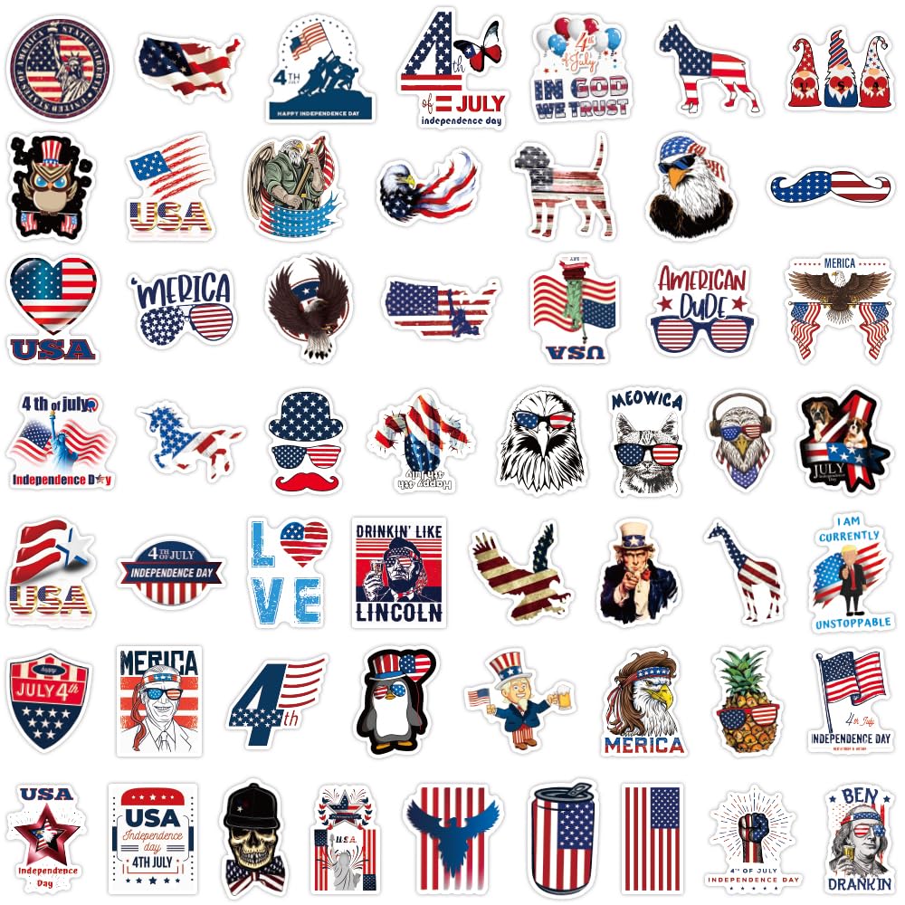 XGXHZYLC 100 PCS 4th of July Stickers | Waterproof Patriotic Vinyl Decals for Laptops, Bikes & Cars