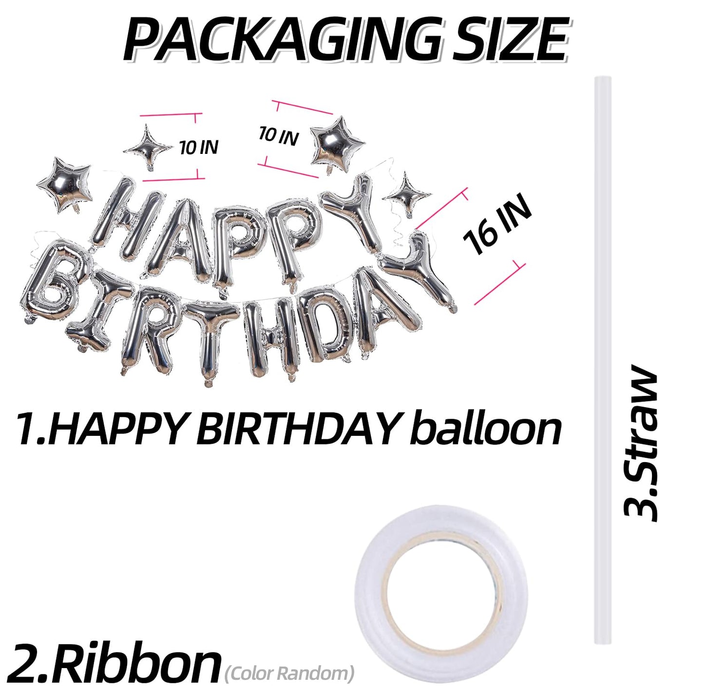 Xiangsushijie Silver Happy Birthday Banner Balloon Kit – 16 Inch Letter + 10 Inch Stars