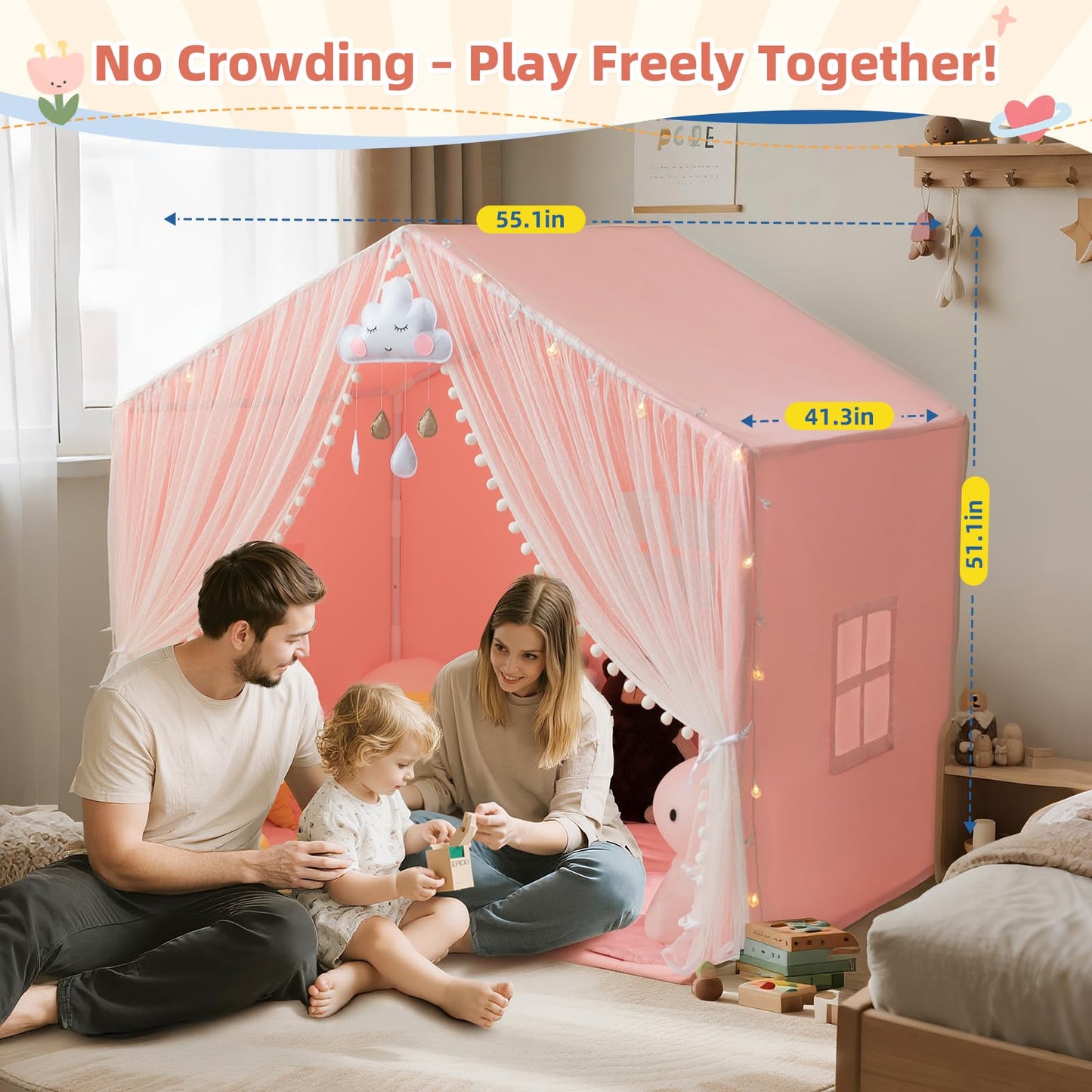 xiaowantong Large Kids Play Tent with Padded Mat, Star Lights & Easy Assembly – Indoor Playhouse for 3-4 Children
