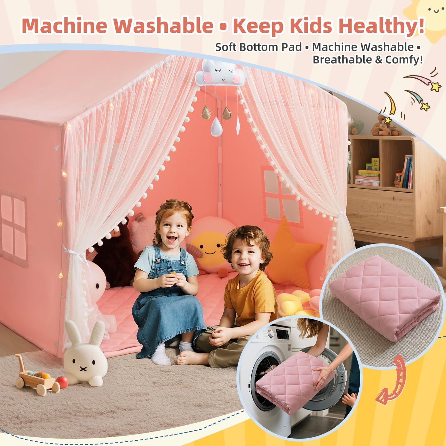 xiaowantong Large Kids Play Tent with Padded Mat, Star Lights & Easy Assembly – Indoor Playhouse for 3-4 Children