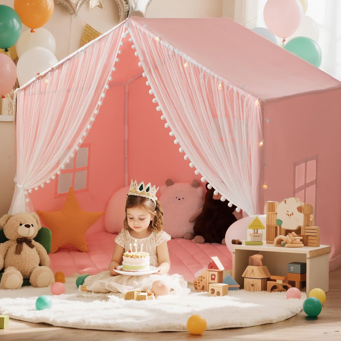xiaowantong Large Kids Play Tent with Padded Mat, Star Lights & Easy Assembly – Indoor Playhouse for 3-4 Children