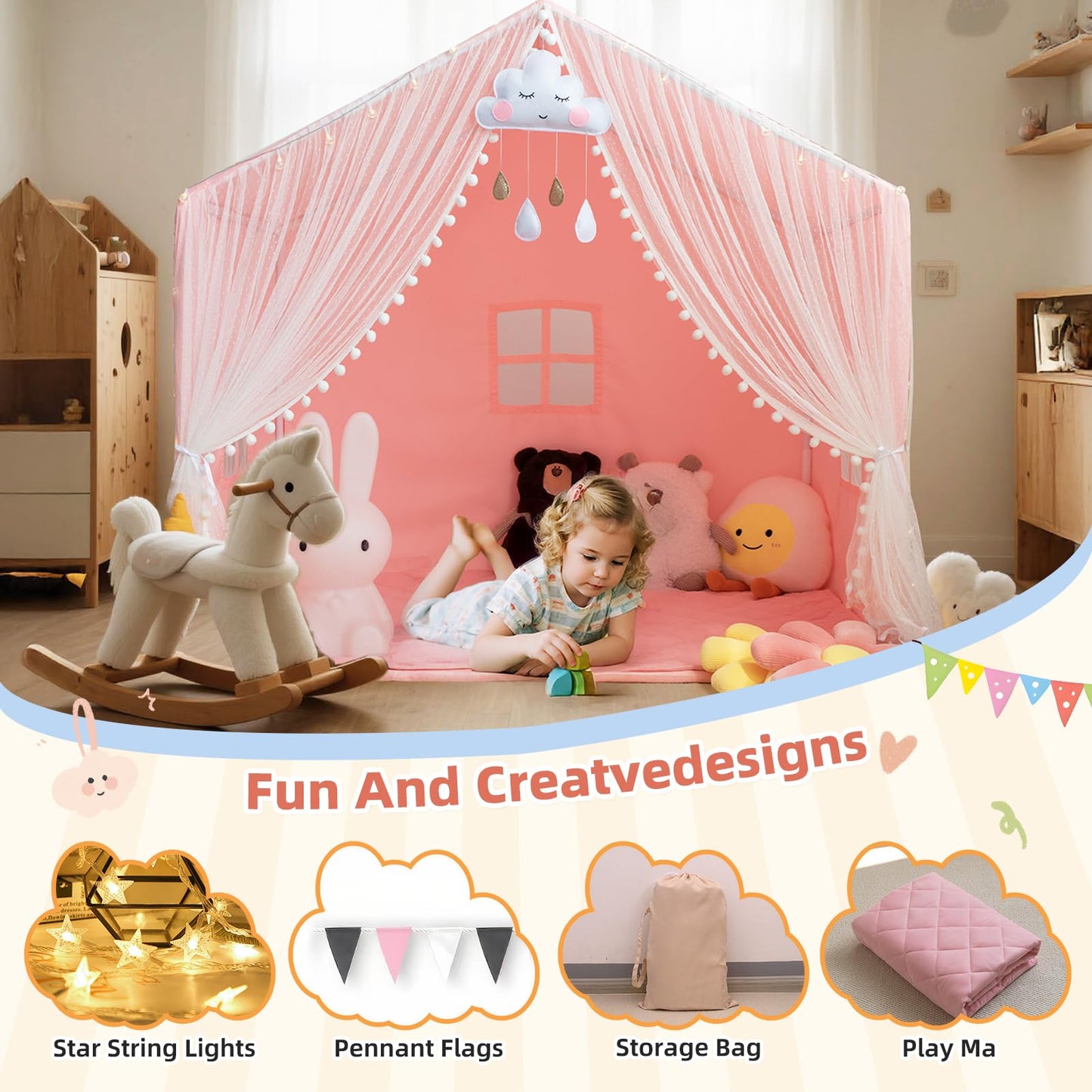xiaowantong Large Kids Play Tent with Padded Mat, Star Lights & Easy Assembly – Indoor Playhouse for 3-4 Children