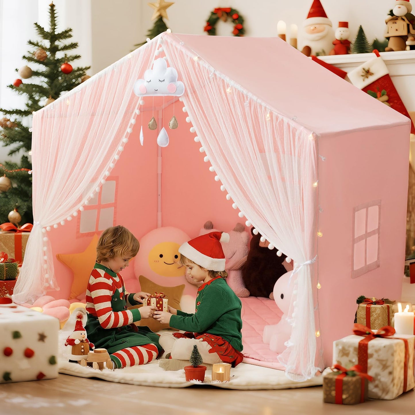 xiaowantong Large Kids Play Tent with Padded Mat, Star Lights & Easy Assembly – Indoor Playhouse for 3-4 Children