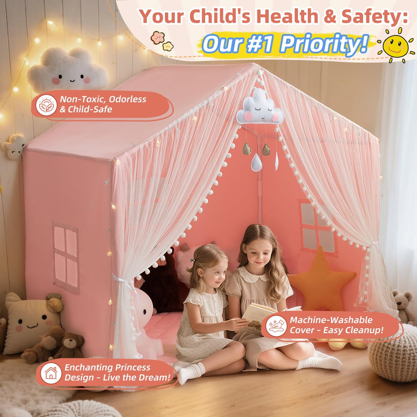 xiaowantong Large Kids Play Tent with Padded Mat, Star Lights & Easy Assembly – Indoor Playhouse for 3-4 Children