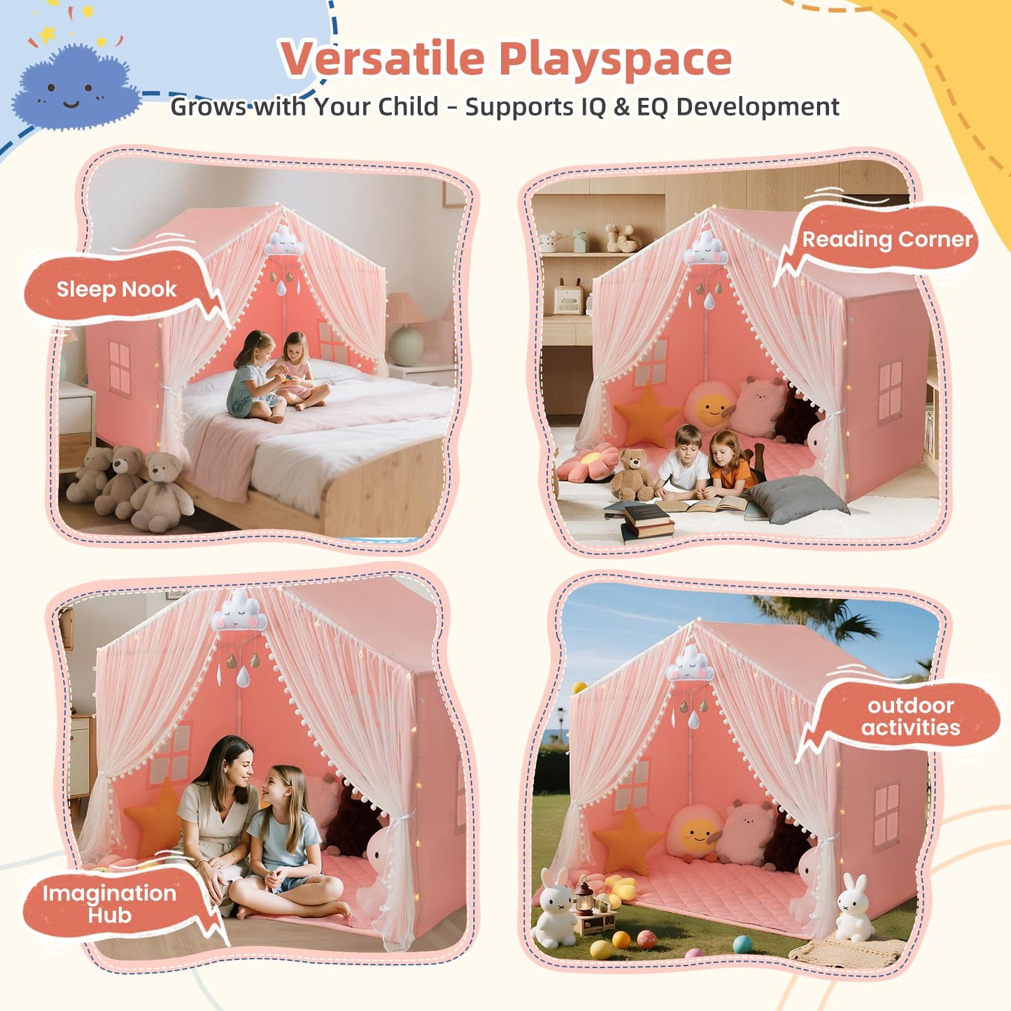 xiaowantong Large Kids Play Tent with Padded Mat, Star Lights & Easy Assembly – Indoor Playhouse for 3-4 Children