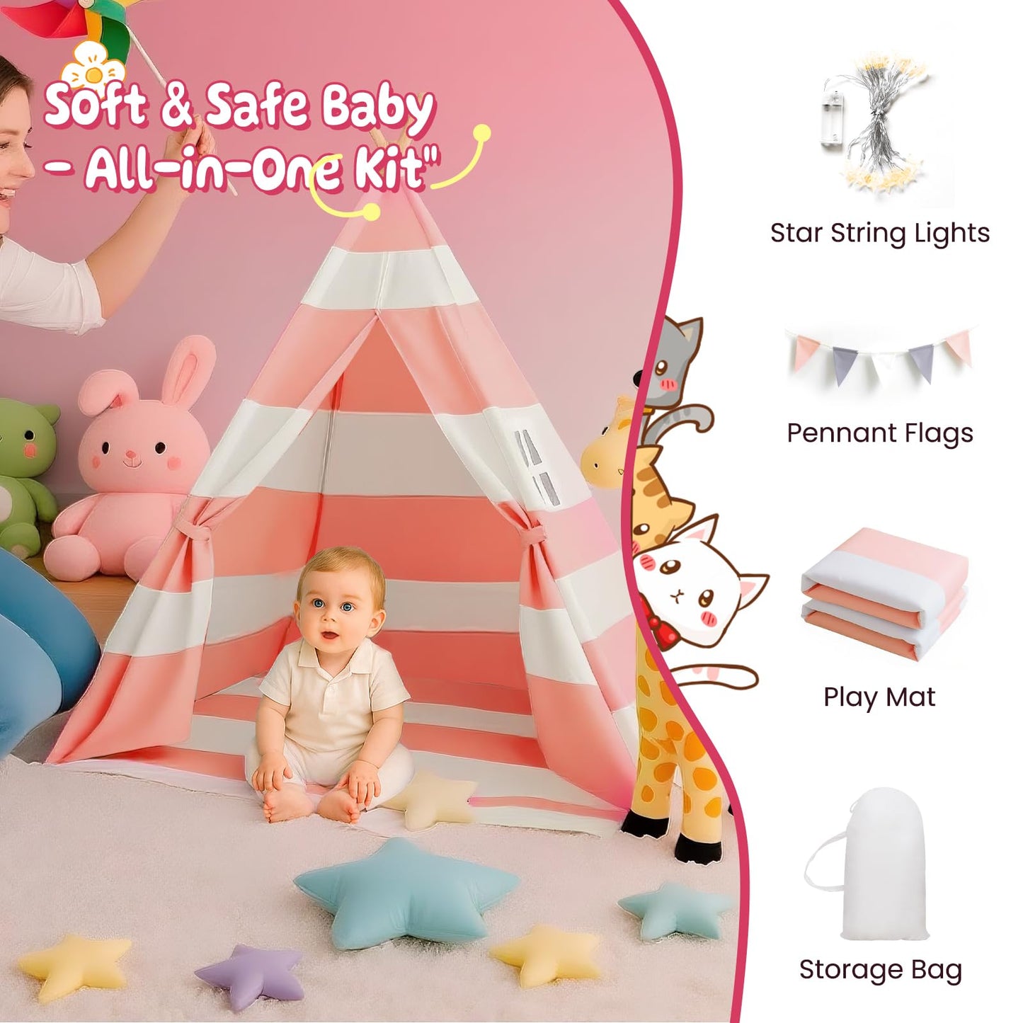 Xiaowantong Kids Teepee Tent with Padded Mat, Lights & Carry Bag – Stripe Pink