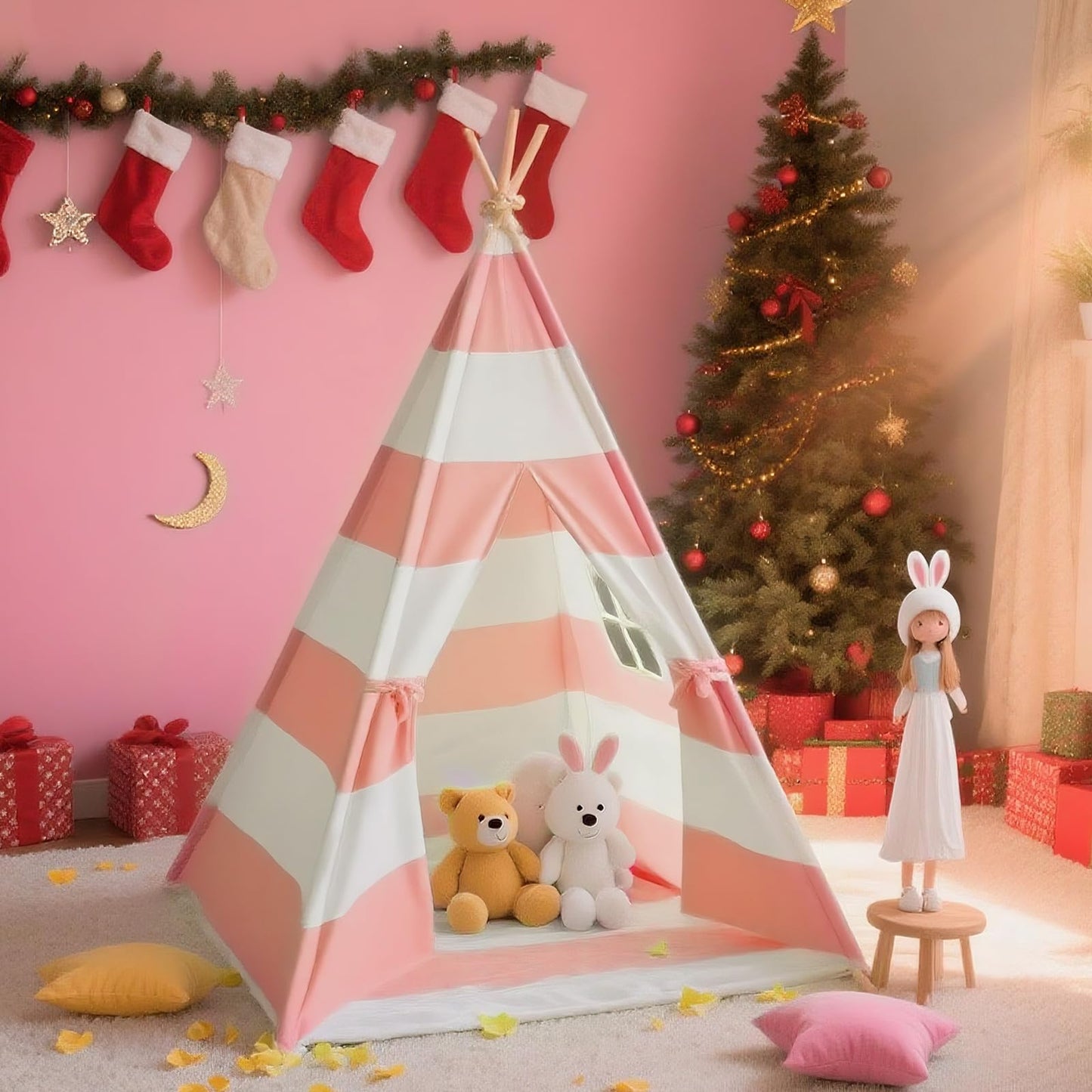 Xiaowantong Kids Teepee Tent with Padded Mat, Lights & Carry Bag – Stripe Pink