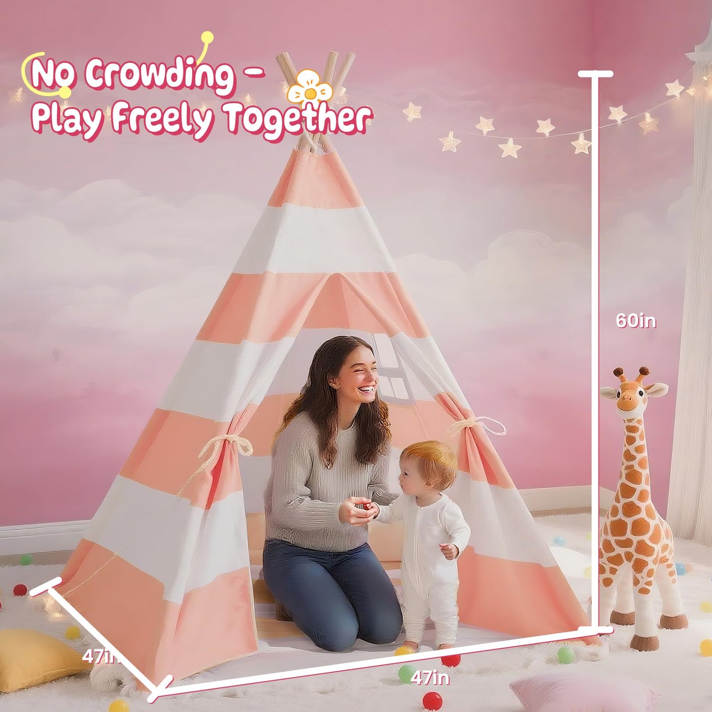 Xiaowantong Kids Teepee Tent with Padded Mat, Lights & Carry Bag – Stripe Pink