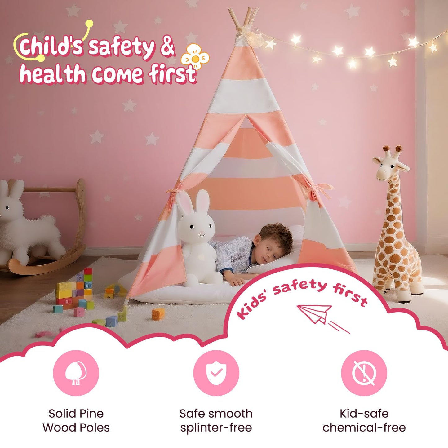 Xiaowantong Kids Teepee Tent with Padded Mat, Lights & Carry Bag – Stripe Pink