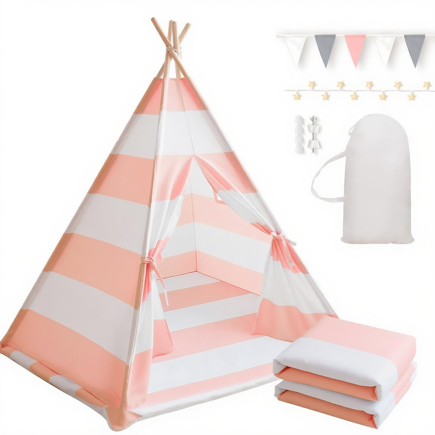 Xiaowantong Kids Teepee Tent with Padded Mat, Lights & Carry Bag – Stripe Pink
